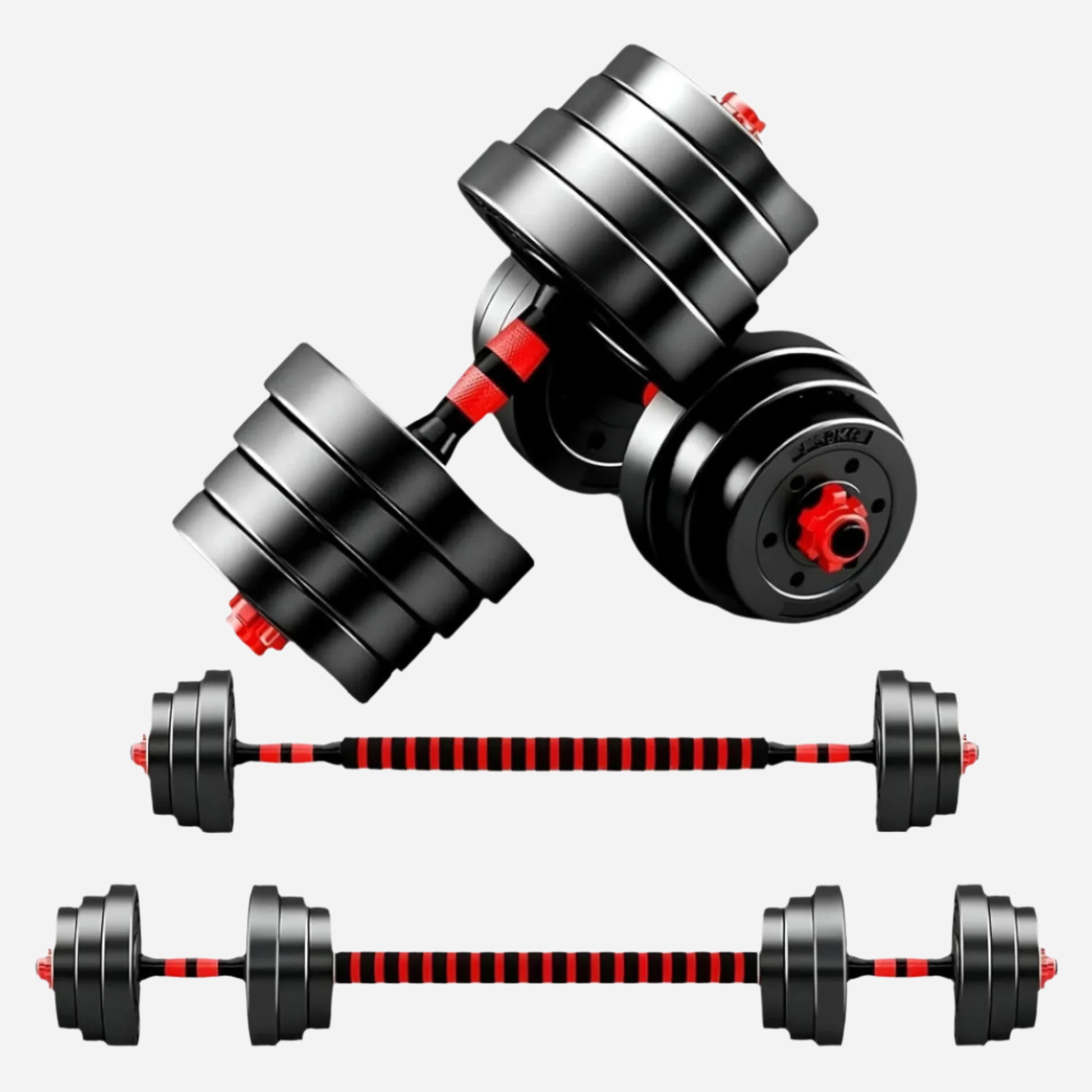 Multi-Weight Adjustable Dumbbell & Barbell Kit – 20/25/30 kg Vinyl-Coated Plates, Convertible Handle, Quiet Home Workout Set for Compact Fitness Spaces