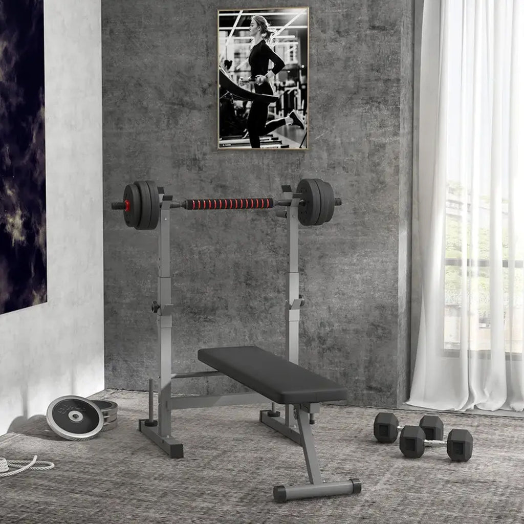 Foldable Adjustable Weight Bench with Barbell Rack & Dip Station – Heavy Duty Steel Frame for Full-Body Strength in Home Gym Spaces