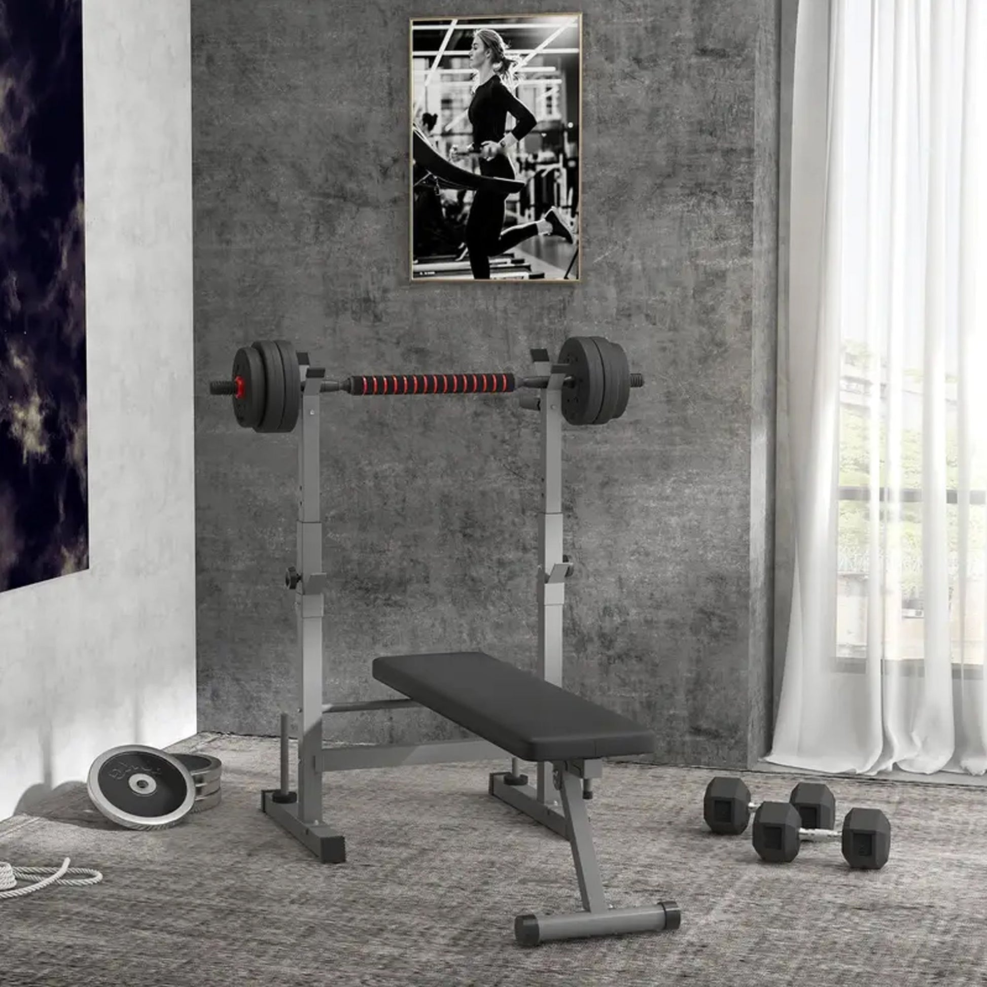 Foldable Adjustable Weight Bench with Barbell Rack & Dip Station – Heavy Duty Steel Frame for Full-Body Strength in Home Gym Spaces