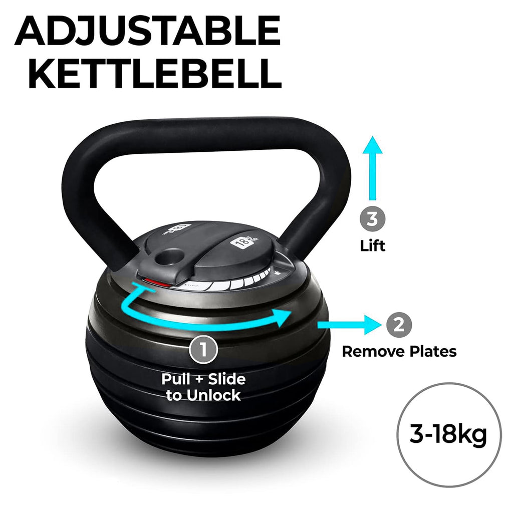 Adjustable Kettlebell 18 Kg | Heavy-Duty Cast Iron with Quick-Lock | Full-Body Strength & Endurance Training | Compact Home Gym Fitness Equipment