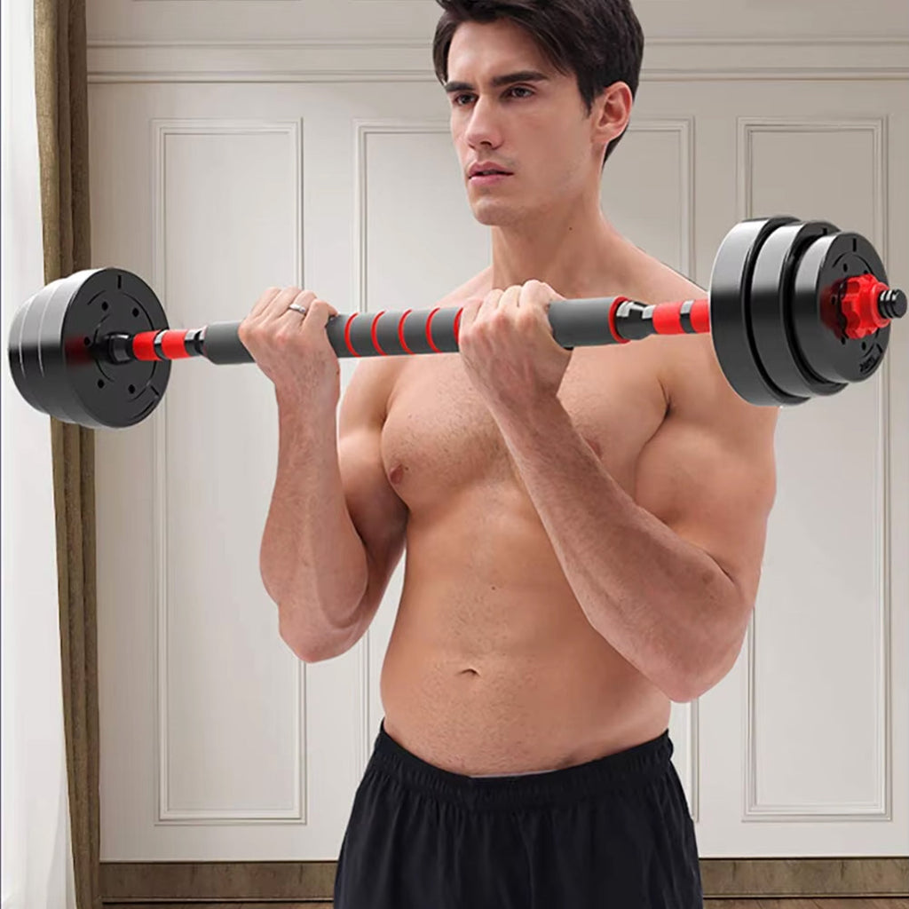 Multi-Weight Adjustable Dumbbell & Barbell Kit – 20/25/30 kg Vinyl-Coated Plates, Convertible Handle, Quiet Home Workout Set for Compact Fitness Spaces