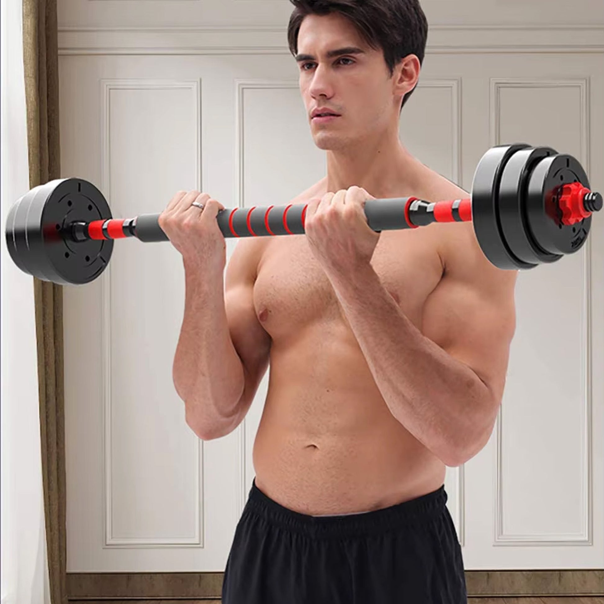 Multi-Weight Adjustable Dumbbell & Barbell Kit – 20/25/30 kg Vinyl-Coated Plates, Convertible Handle, Quiet Home Workout Set for Compact Fitness Spaces