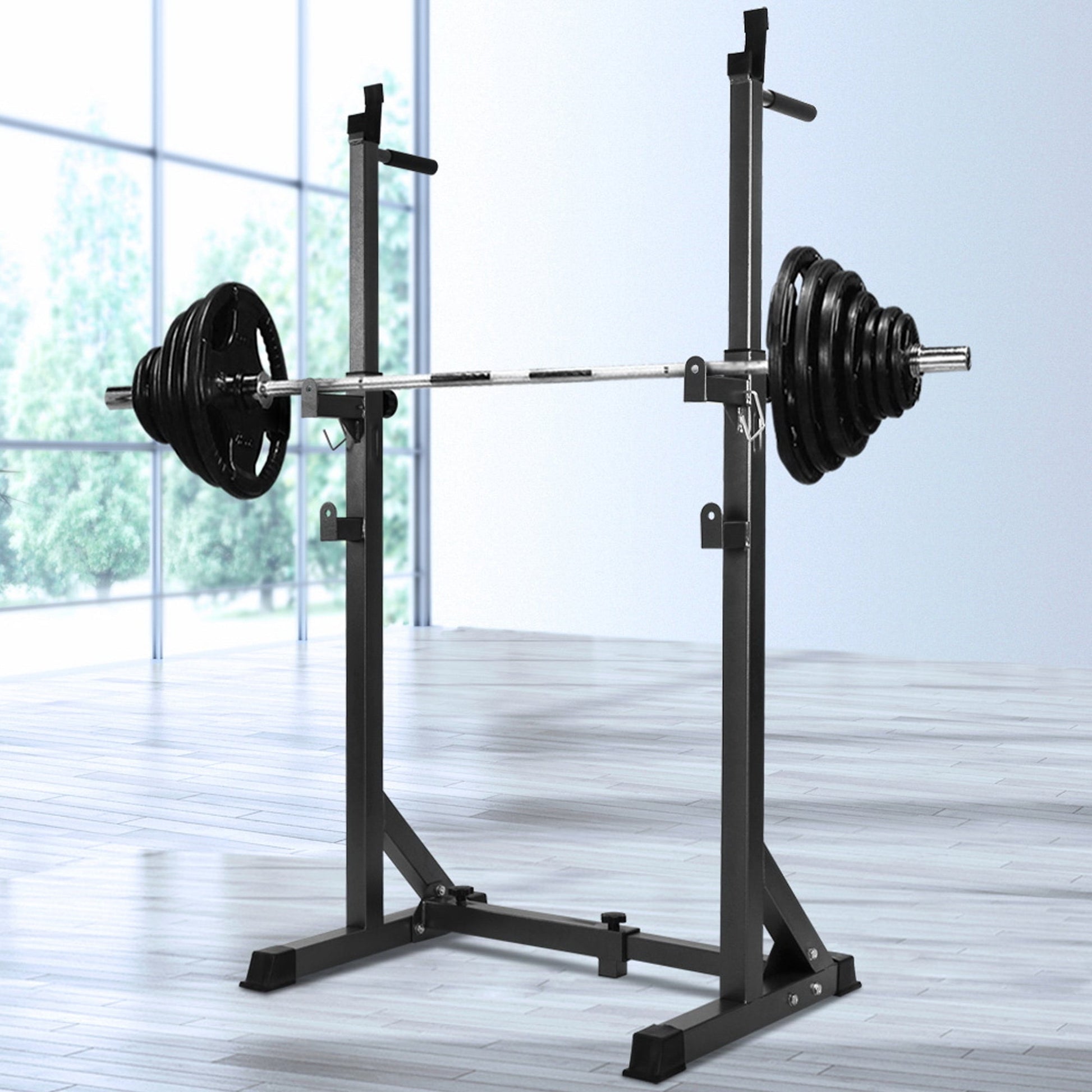 Heavy‑Duty Adjustable Half Squat Rack with Dip Station & Spotters, Reinforced Steel, 200 kg Capacity – Perfect for Home Gym Strength Training & Compact Spaces