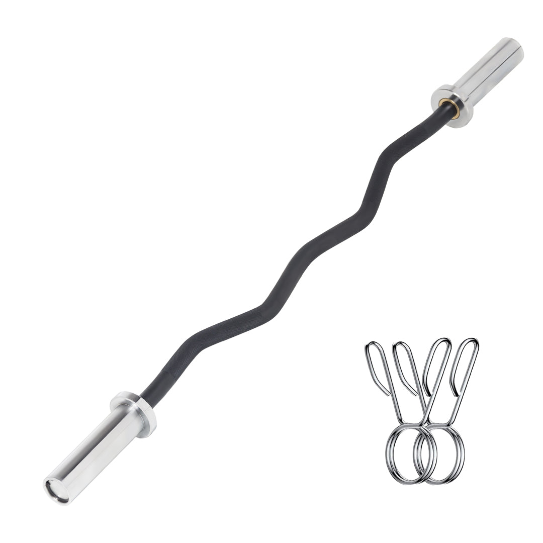 47″ Olympic EZ Curl Bar – Chrome-Finished Barbell with Spring Collars for Arm, Back & Strength Training – Fits 2″ Plates – Home Gym Essential