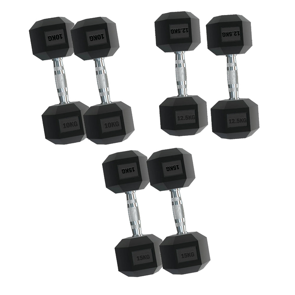 Hex Dumbbell Set 3 Pairs (2.5kg–15kg) with Optional Tier 3 Vertical Rack – Rubber-Coated Cast Iron Weights, Anti-Roll, Chrome Handles – Compact Home Gym Kit