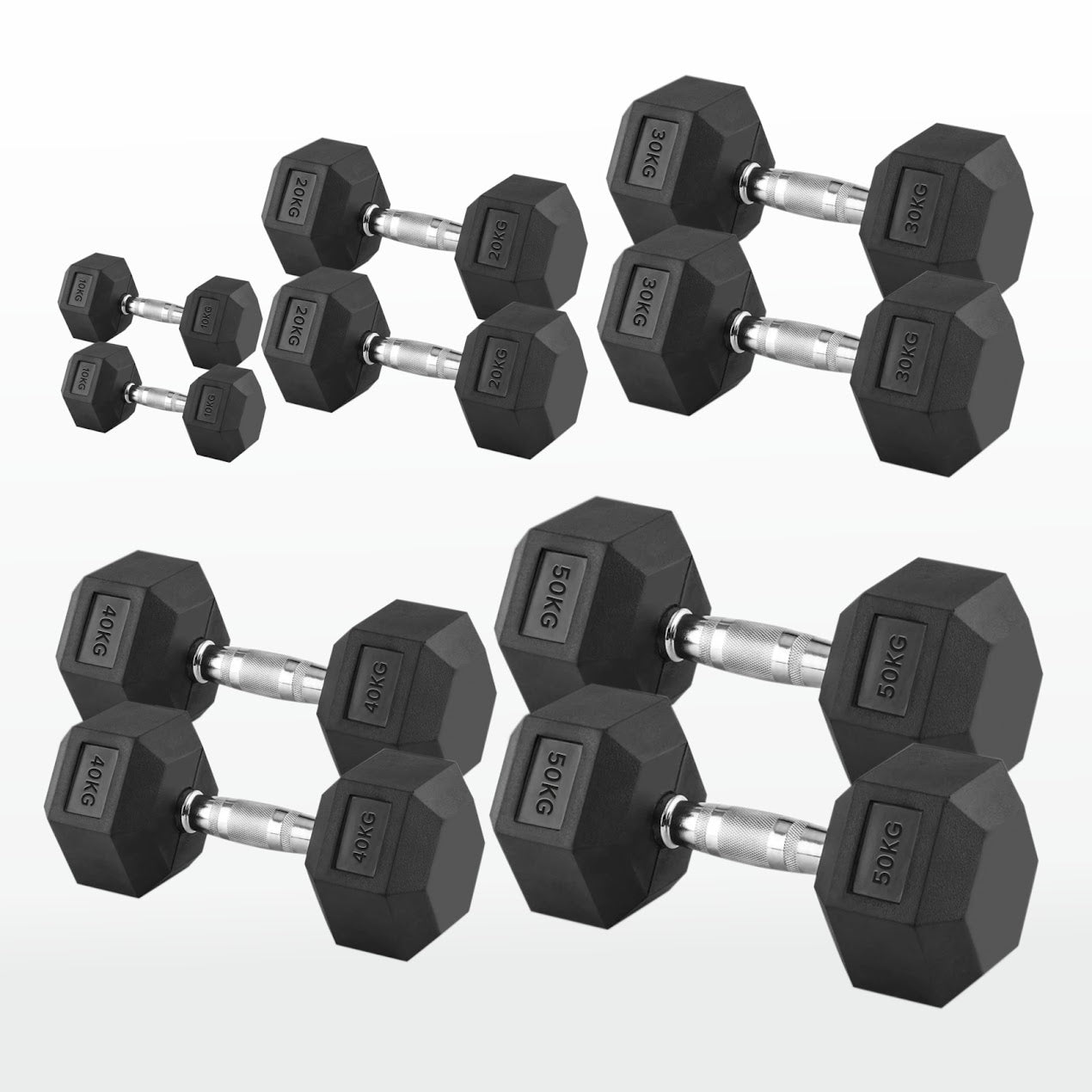 Hex Dumbbells Pairs & Sets (2.5kg–60kg) – Rubber-Coated, Anti-Roll, Knurled Steel Grip – Strength Training Weights for Home Gym or Studio