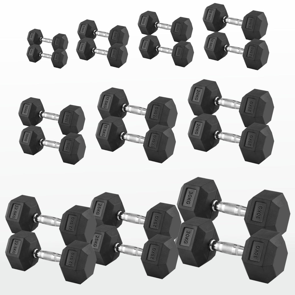 Hex Dumbbells Pairs & Sets (2.5kg–60kg) – Rubber-Coated, Anti-Roll, Knurled Steel Grip – Strength Training Weights for Home Gym or Studio