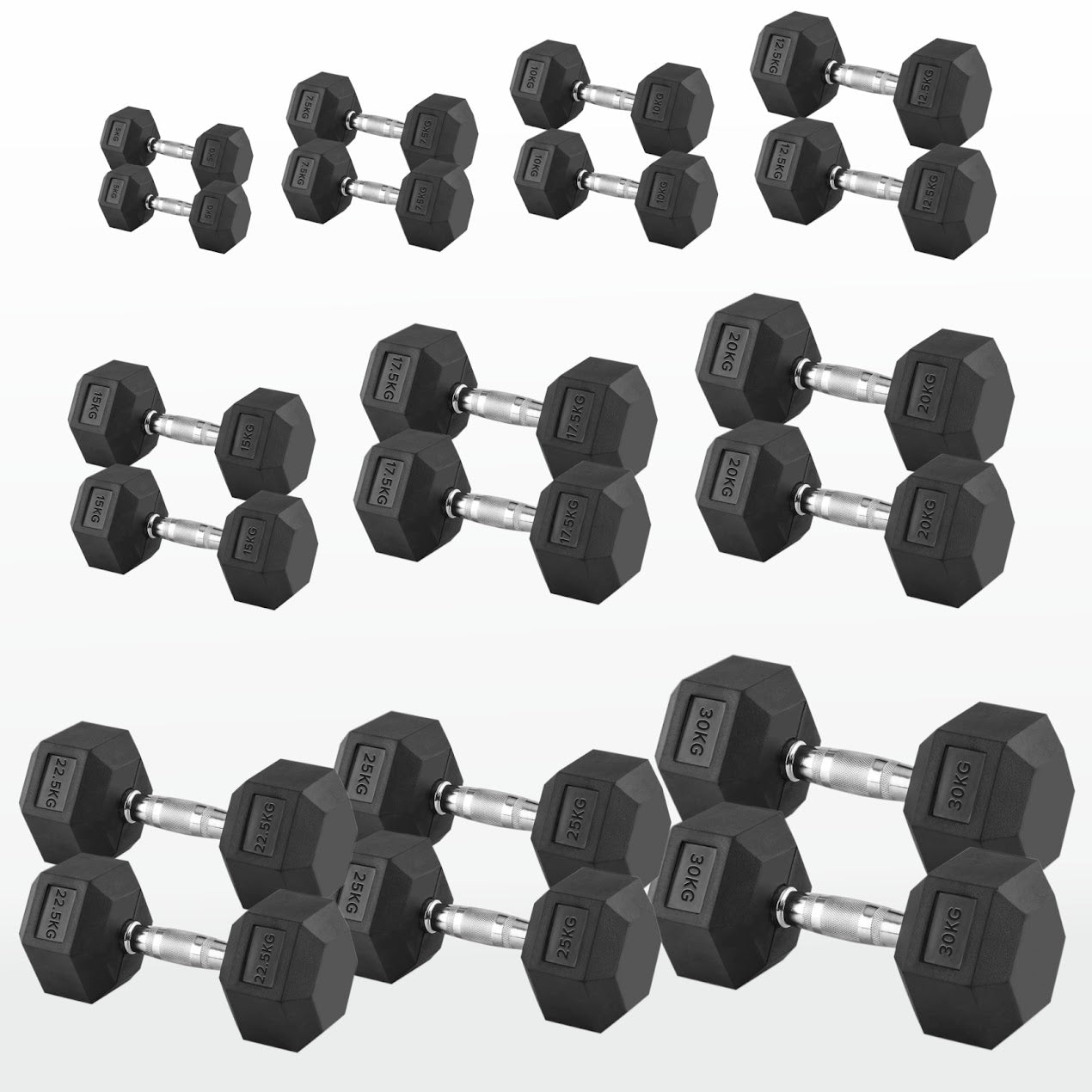 Hex Dumbbells Pairs & Sets (2.5kg–60kg) – Rubber-Coated, Anti-Roll, Knurled Steel Grip – Strength Training Weights for Home Gym or Studio