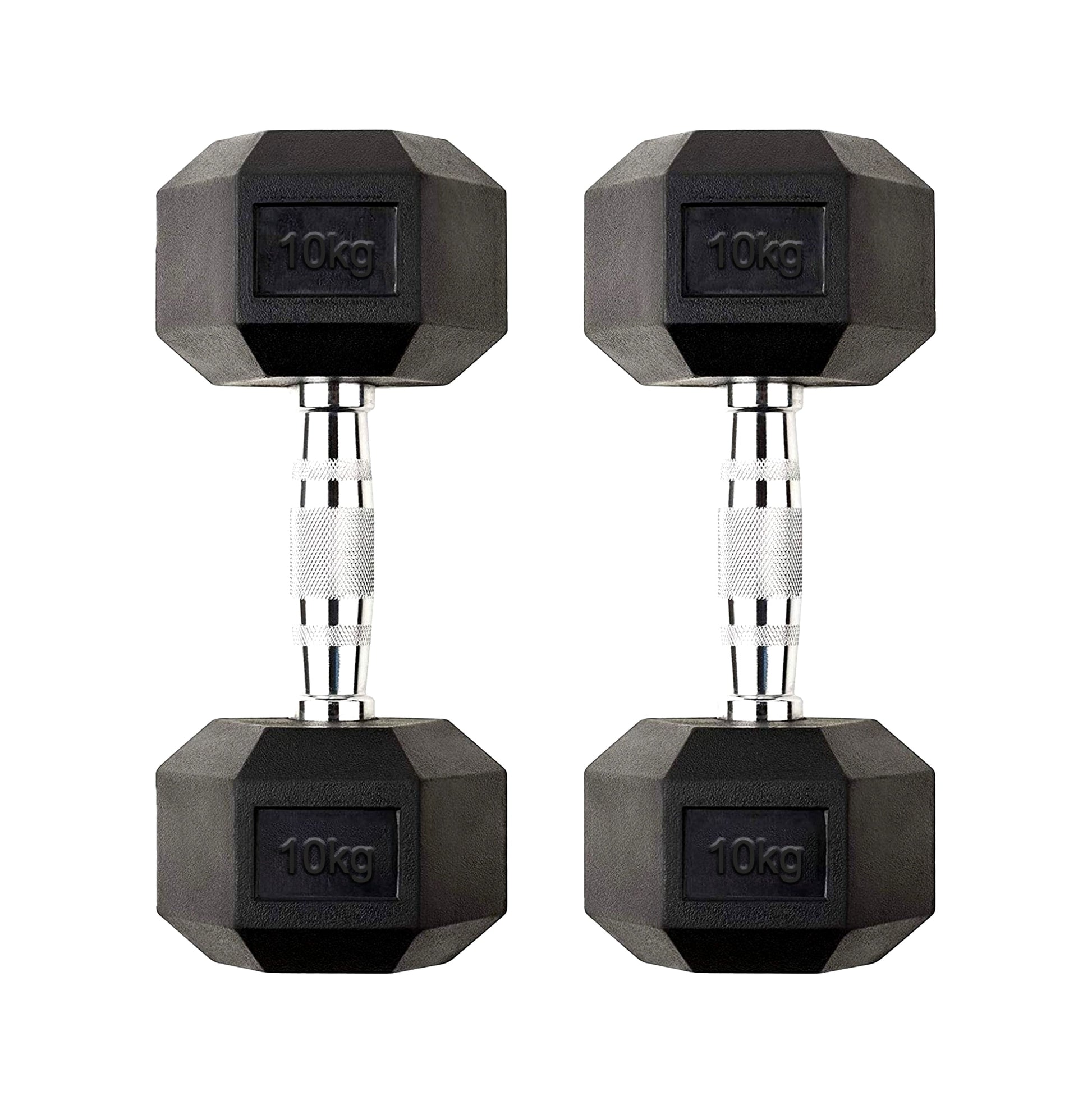 Pair of 10kg Hex Dumbbells – Rubber-Coated Anti-Roll Cast Iron Weights with Textured Chrome Handles – 2 x 10kg for Home Gym & Strength Training