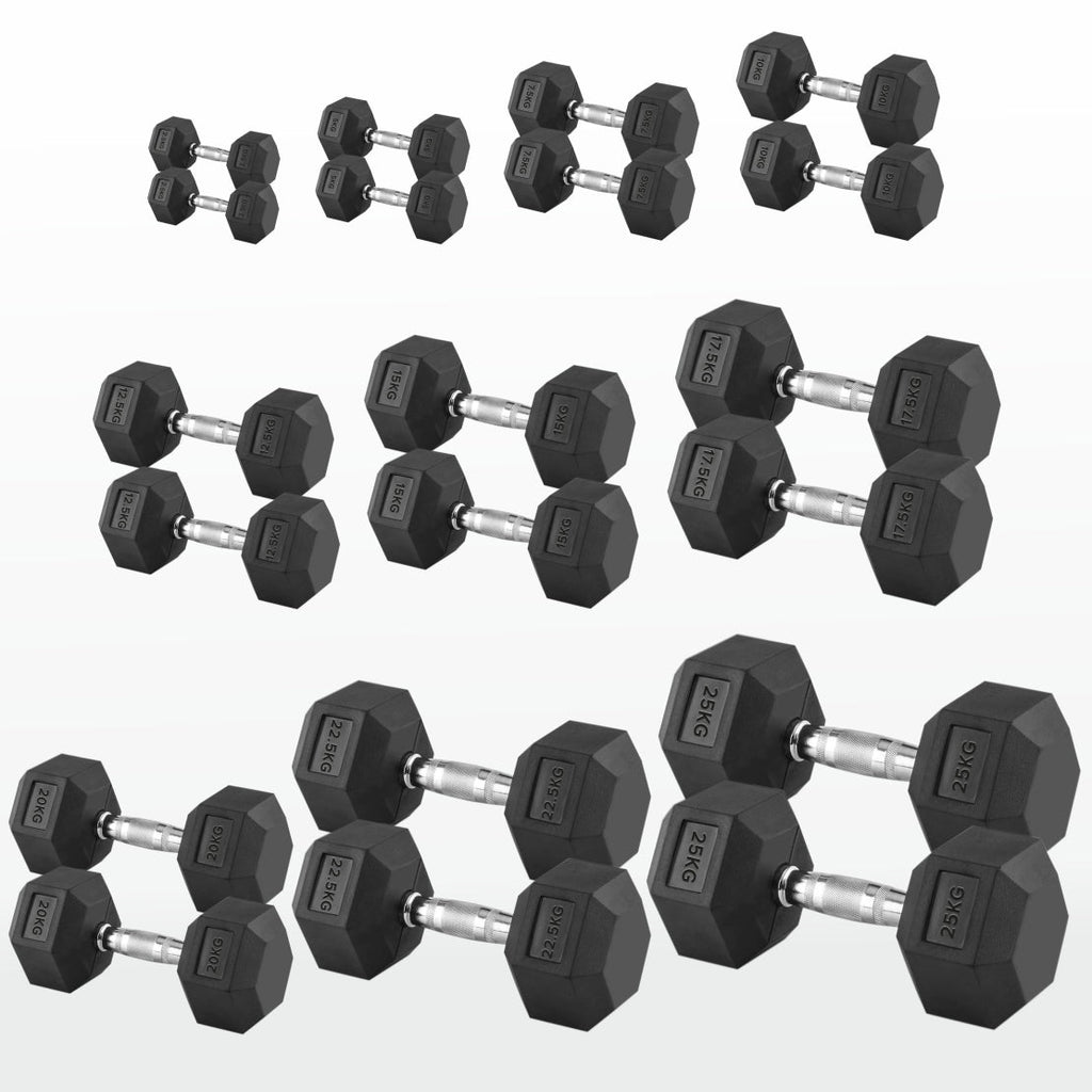 Hex Dumbbells Pairs & Sets (2.5kg–60kg) – Rubber-Coated, Anti-Roll, Knurled Steel Grip – Strength Training Weights for Home Gym or Studio