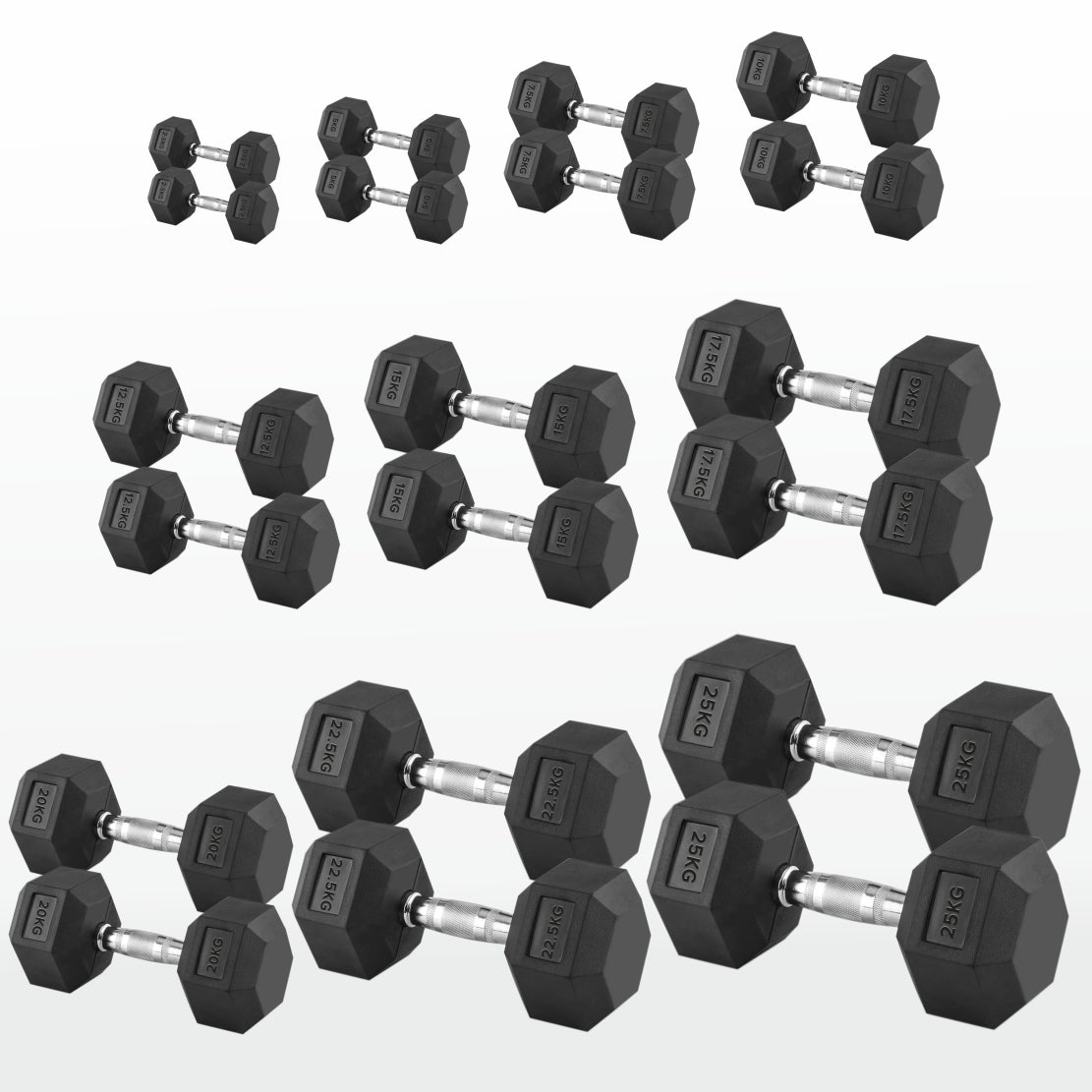 Hex Dumbbells Pairs & Sets (2.5kg–60kg) – Rubber-Coated, Anti-Roll, Knurled Steel Grip – Strength Training Weights for Home Gym or Studio