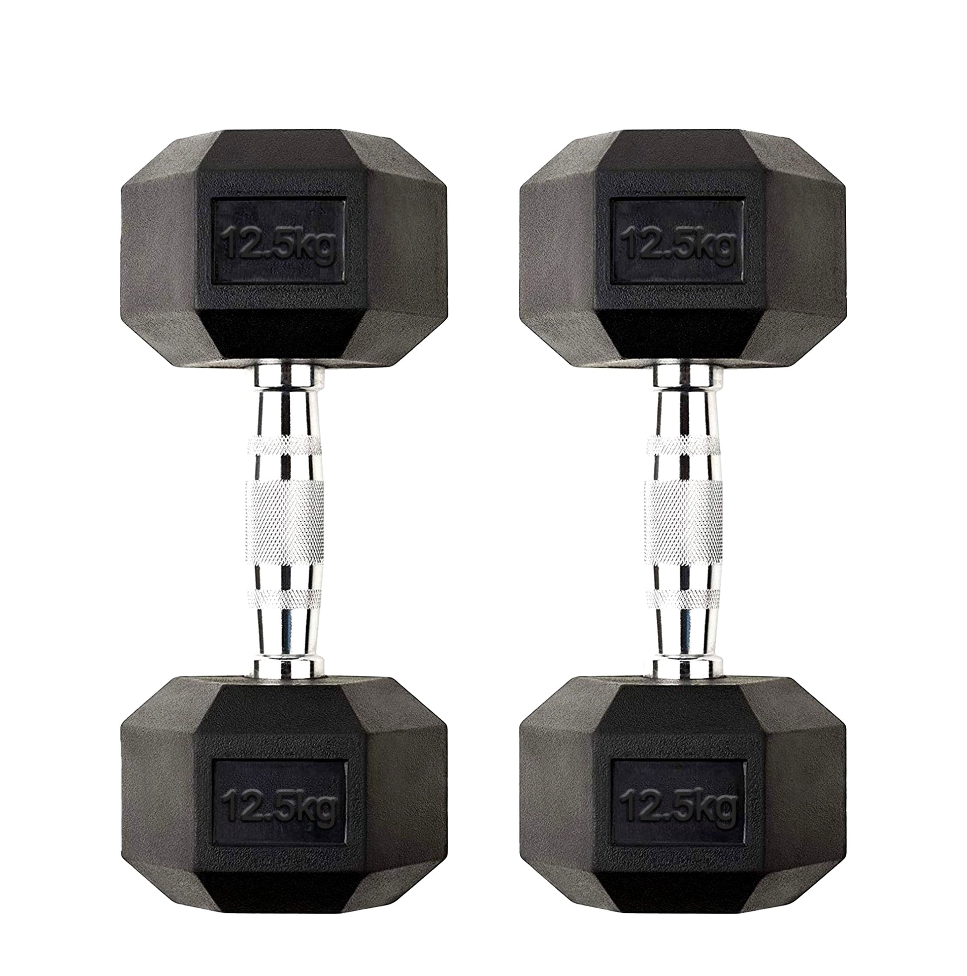 12.5kg Hex Dumbbell Pair – Rubber-Coated Anti-Roll Weights with Textured Chrome Handles – 2 x 12.5kg Free Weights for Home Gym Strength Training