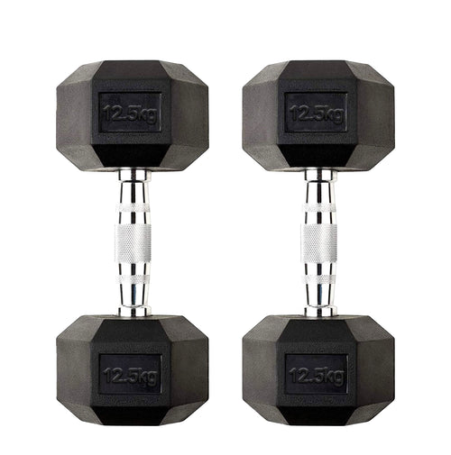 12.5kg Hex Dumbbell Pair – Rubber-Coated Anti-Roll Weights with Textured Chrome Handles – 2 x 12.5kg Free Weights for Home Gym Strength Training