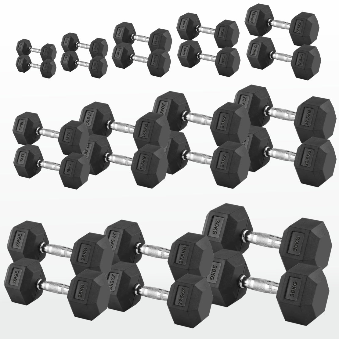 Hex Dumbbells Pairs & Sets (2.5kg–60kg) – Rubber-Coated, Anti-Roll, Knurled Steel Grip – Strength Training Weights for Home Gym or Studio