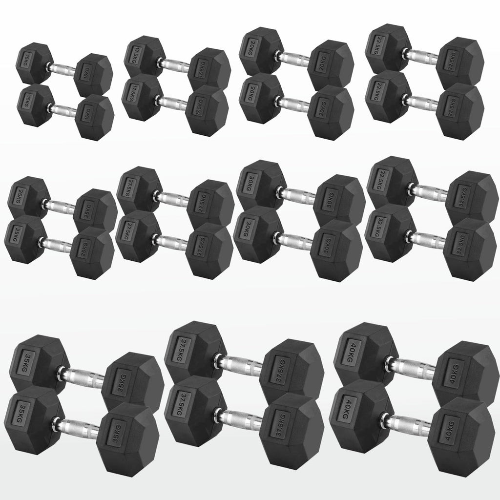 Hex Dumbbells Pairs & Sets (2.5kg–60kg) – Rubber-Coated, Anti-Roll, Knurled Steel Grip – Strength Training Weights for Home Gym or Studio
