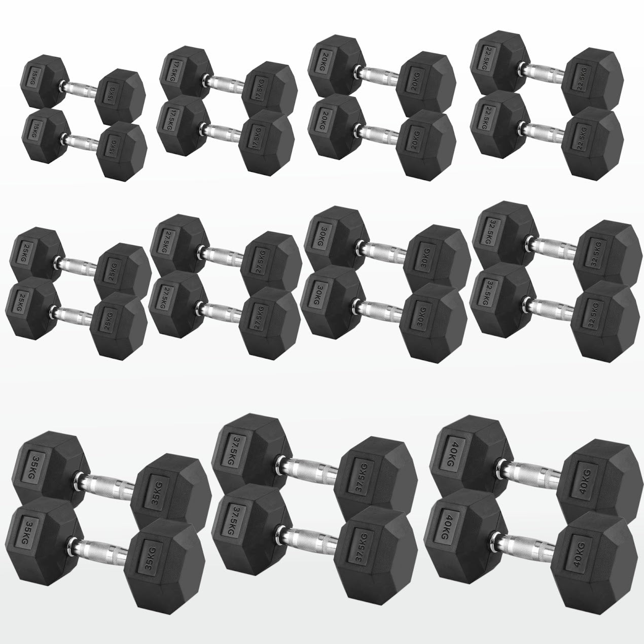 Hex Dumbbells Pairs & Sets (2.5kg–60kg) – Rubber-Coated, Anti-Roll, Knurled Steel Grip – Strength Training Weights for Home Gym or Studio