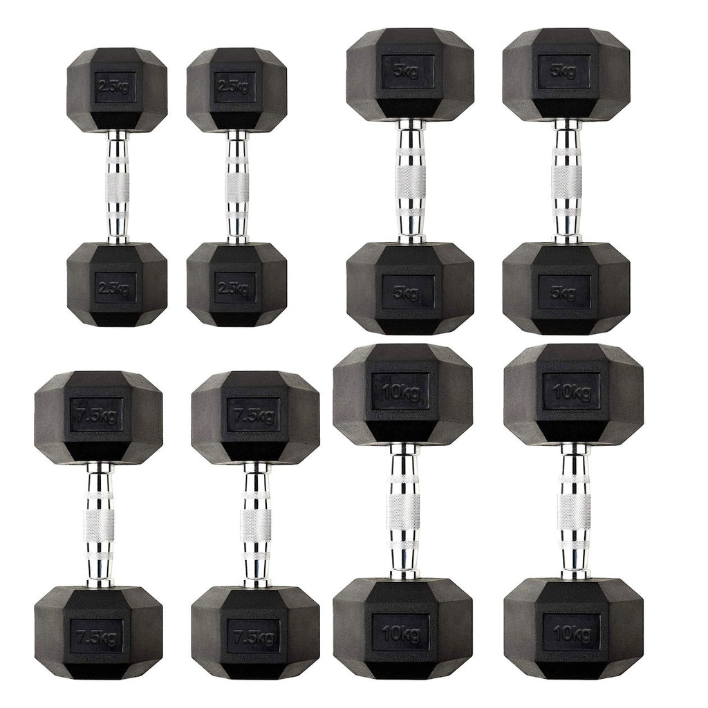 Hex Dumbbells Pairs & Sets (2.5kg–60kg) – Rubber-Coated, Anti-Roll, Knurled Steel Grip – Strength Training Weights for Home Gym or Studio