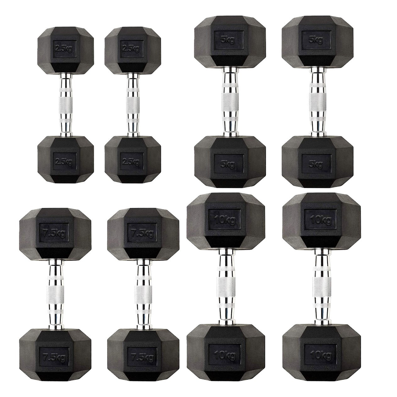 Hex Dumbbells Pairs & Sets (2.5kg–60kg) – Rubber-Coated, Anti-Roll, Knurled Steel Grip – Strength Training Weights for Home Gym or Studio