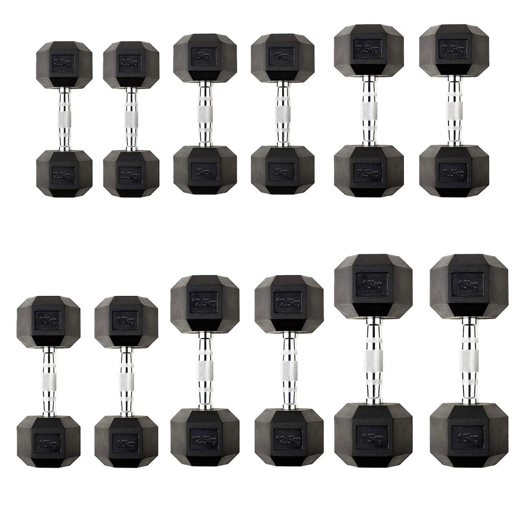 Hex Dumbbells Pairs & Sets (2.5kg–60kg) – Rubber-Coated, Anti-Roll, Knurled Steel Grip – Strength Training Weights for Home Gym or Studio