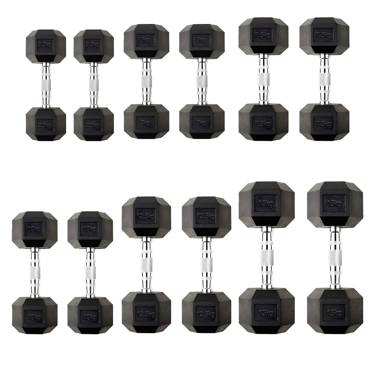 Hex Dumbbells Pairs & Sets (2.5kg–60kg) – Rubber-Coated, Anti-Roll, Knurled Steel Grip – Strength Training Weights for Home Gym or Studio