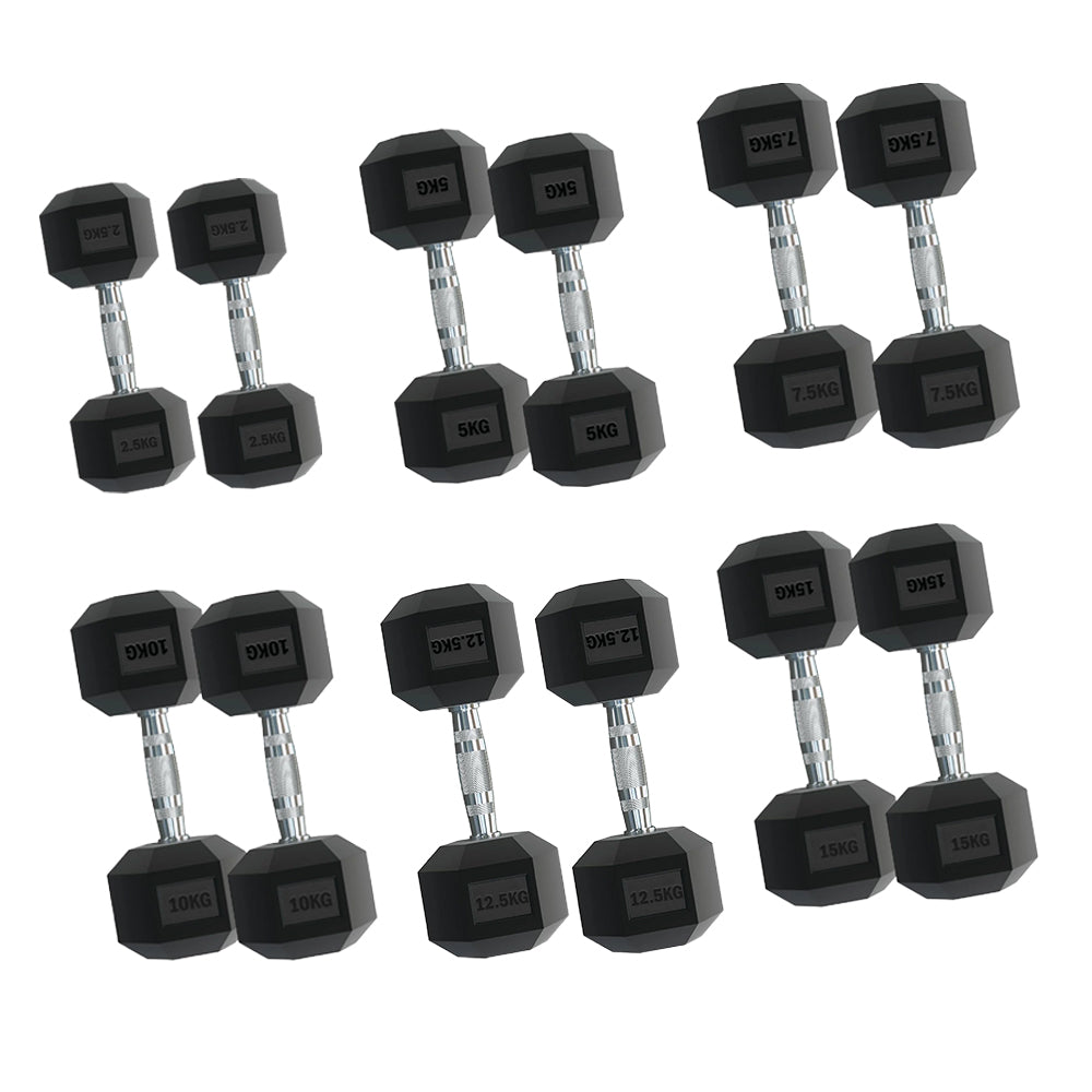 Complete Hex Dumbbell Set 2.5kg–30kg (6 Pairs) with Optional Tier 6 Rack – Rubber-Coated Anti-Roll Weights – Knurled Handles for Compact Home Gym Training
