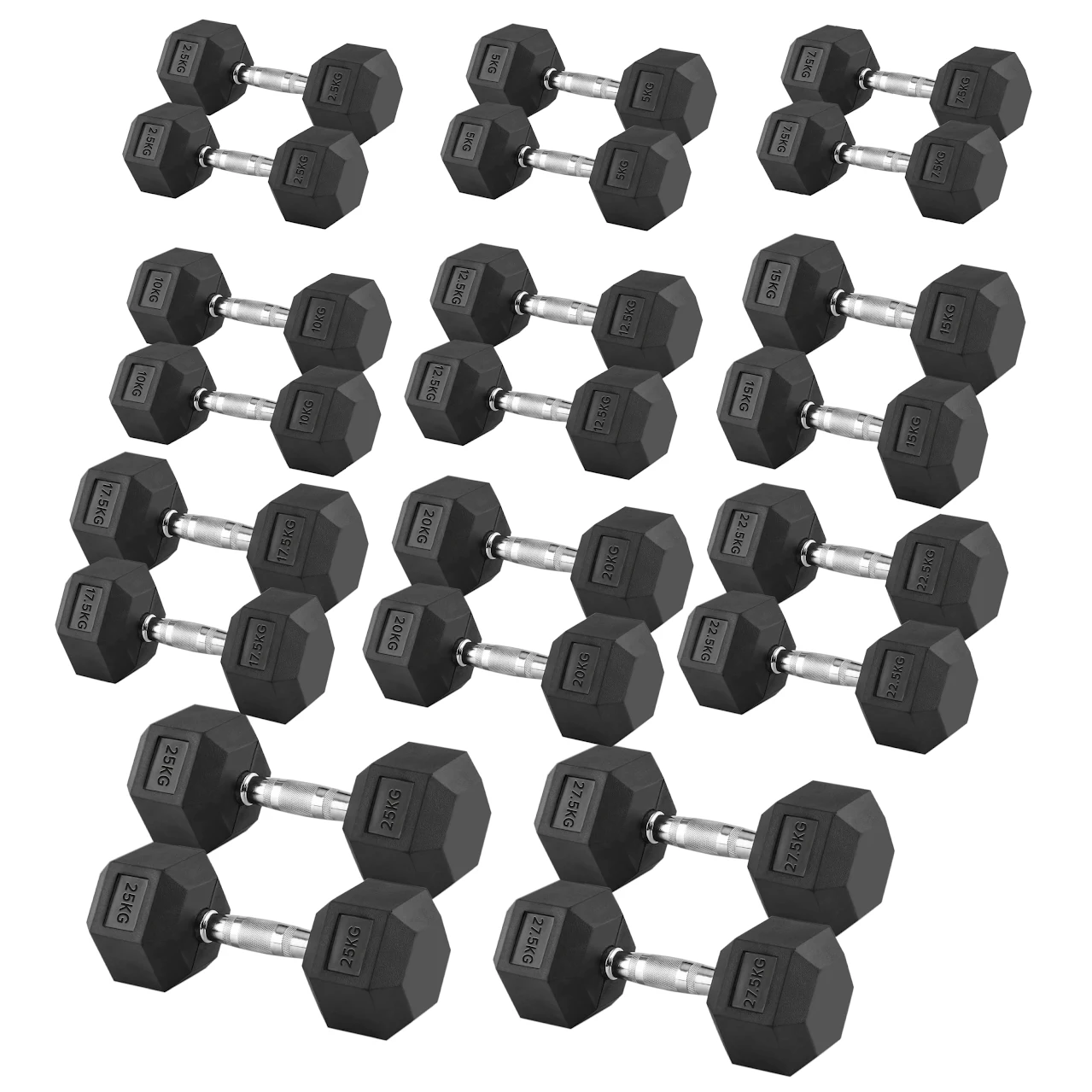 Hex Dumbbells Pairs & Sets (2.5kg–60kg) – Rubber-Coated, Anti-Roll, Knurled Steel Grip – Strength Training Weights for Home Gym or Studio