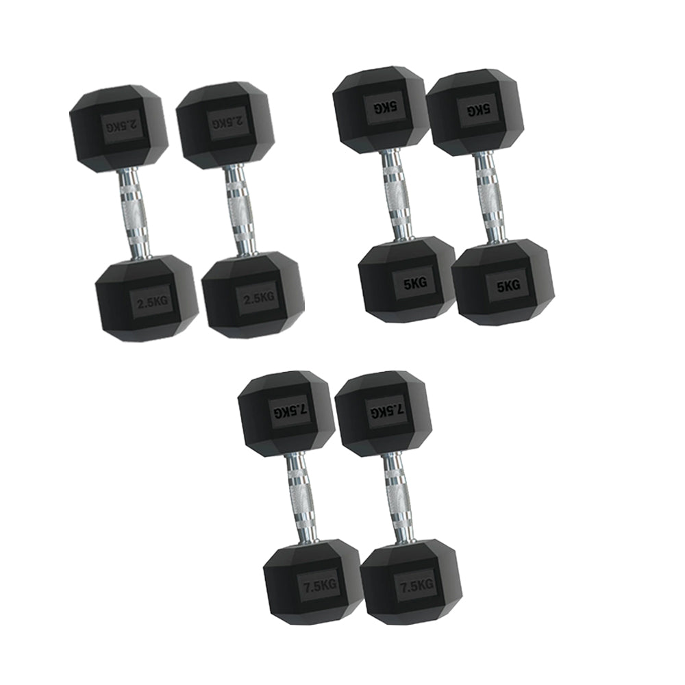 Hex Dumbbell Set 3 Pairs (2.5kg–15kg) with Optional Tier 3 Vertical Rack – Rubber-Coated Cast Iron Weights, Anti-Roll, Chrome Handles – Compact Home Gym Kit