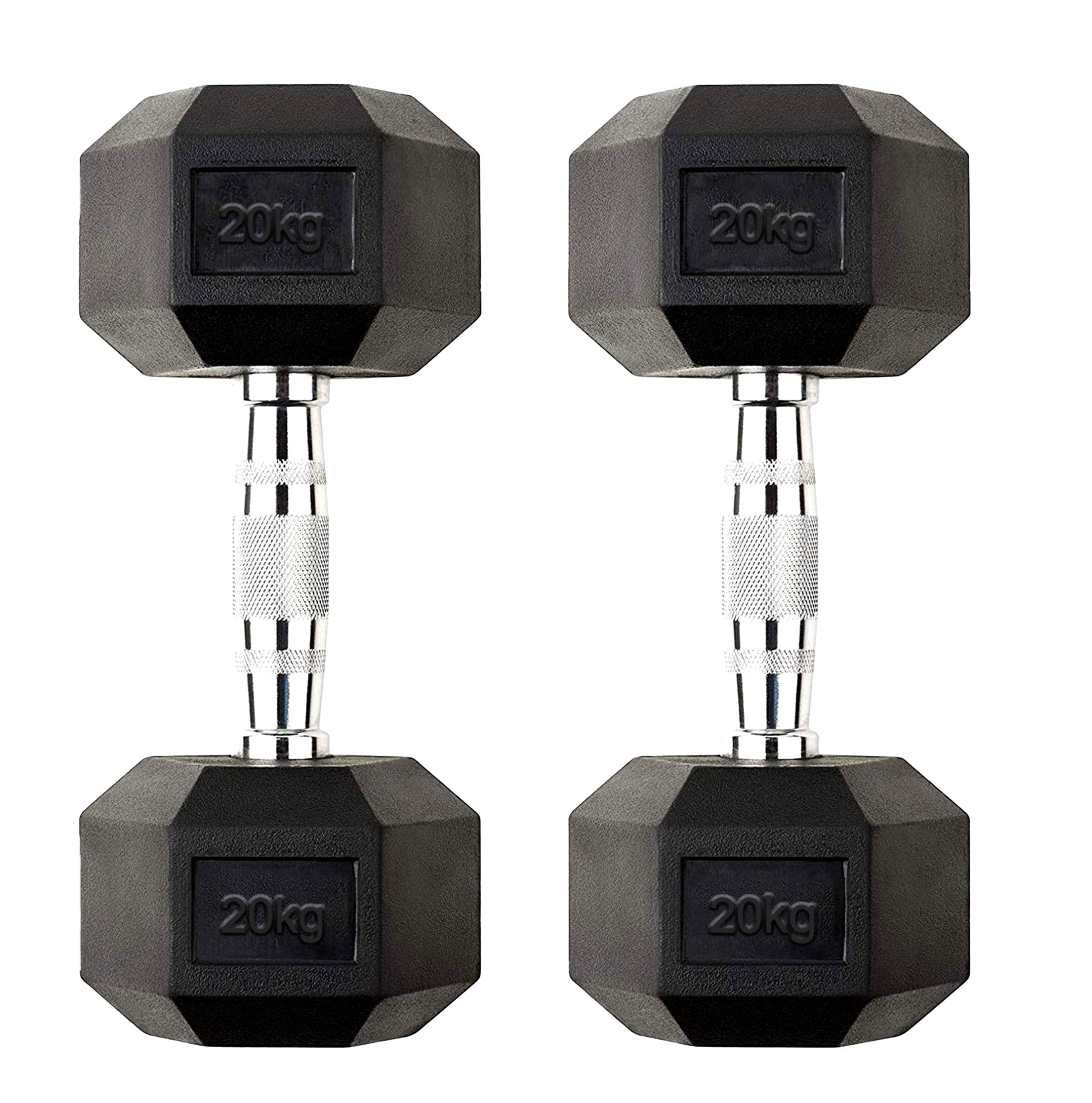 Durable Hex Dumbbell Pair 20kg – Rubber-Coated Cast Iron Weights with Anti Roll Hex Design & Textured Chrome Handles - 2 x 20kg Dumbbells for Home Gym Strength Training