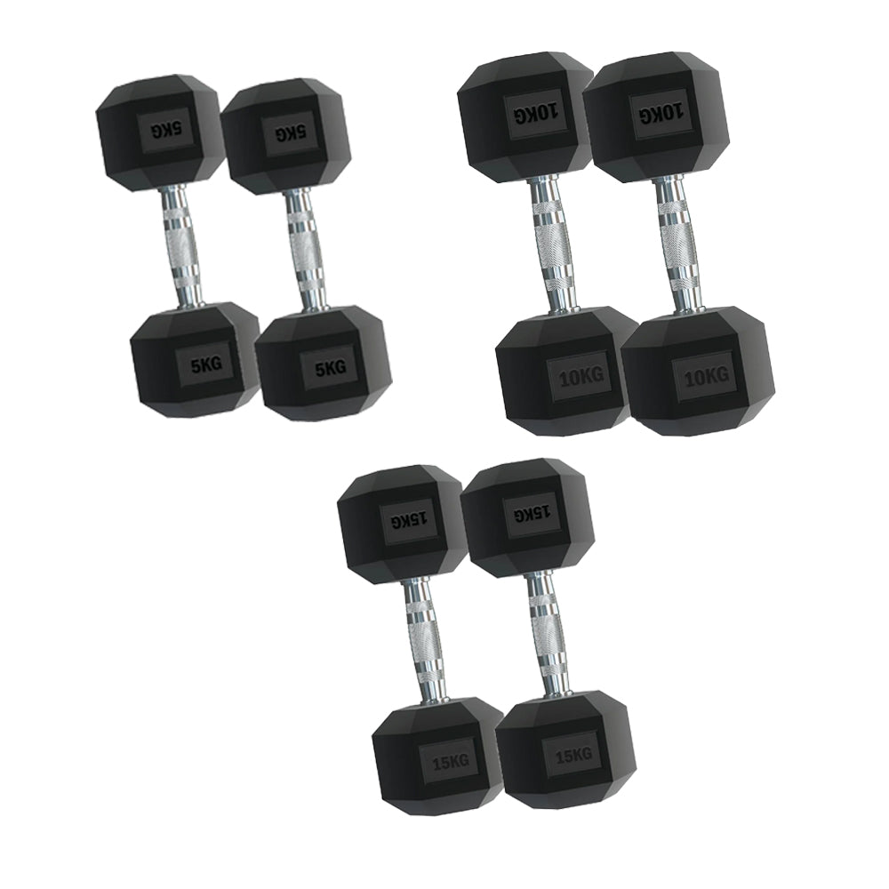 Hex Dumbbell Set 3 Pairs (2.5kg–15kg) with Optional Tier 3 Vertical Rack – Rubber-Coated Cast Iron Weights, Anti-Roll, Chrome Handles – Compact Home Gym Kit