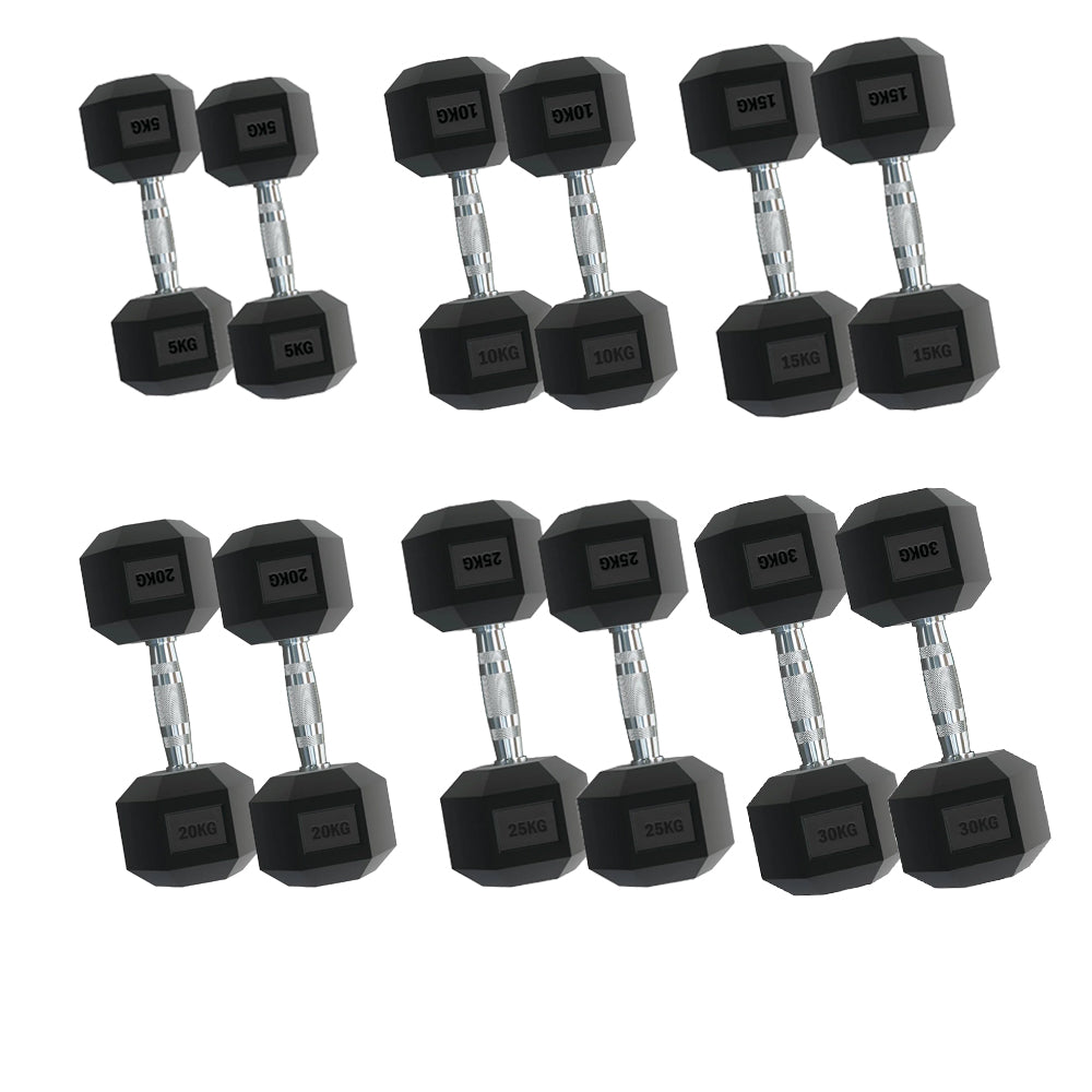 Complete Hex Dumbbell Set 2.5kg–30kg (6 Pairs) with Optional Tier 6 Rack – Rubber-Coated Anti-Roll Weights – Knurled Handles for Compact Home Gym Training