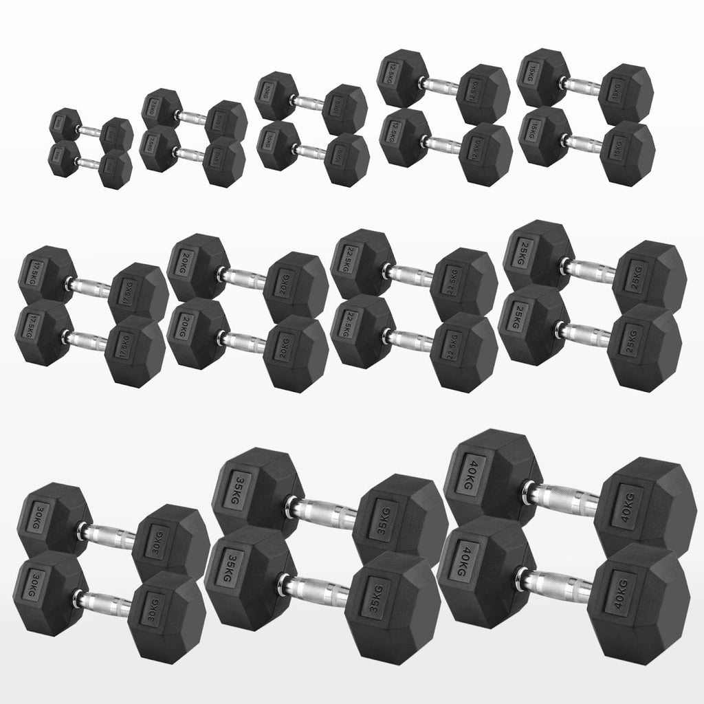 Hex Dumbbells Pairs & Sets (2.5kg–60kg) – Rubber-Coated, Anti-Roll, Knurled Steel Grip – Strength Training Weights for Home Gym or Studio