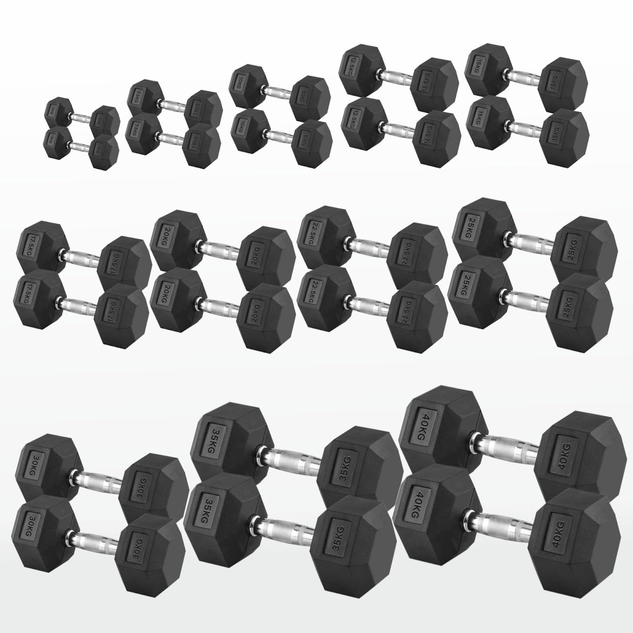 Hex Dumbbells Pairs & Sets (2.5kg–60kg) – Rubber-Coated, Anti-Roll, Knurled Steel Grip – Strength Training Weights for Home Gym or Studio