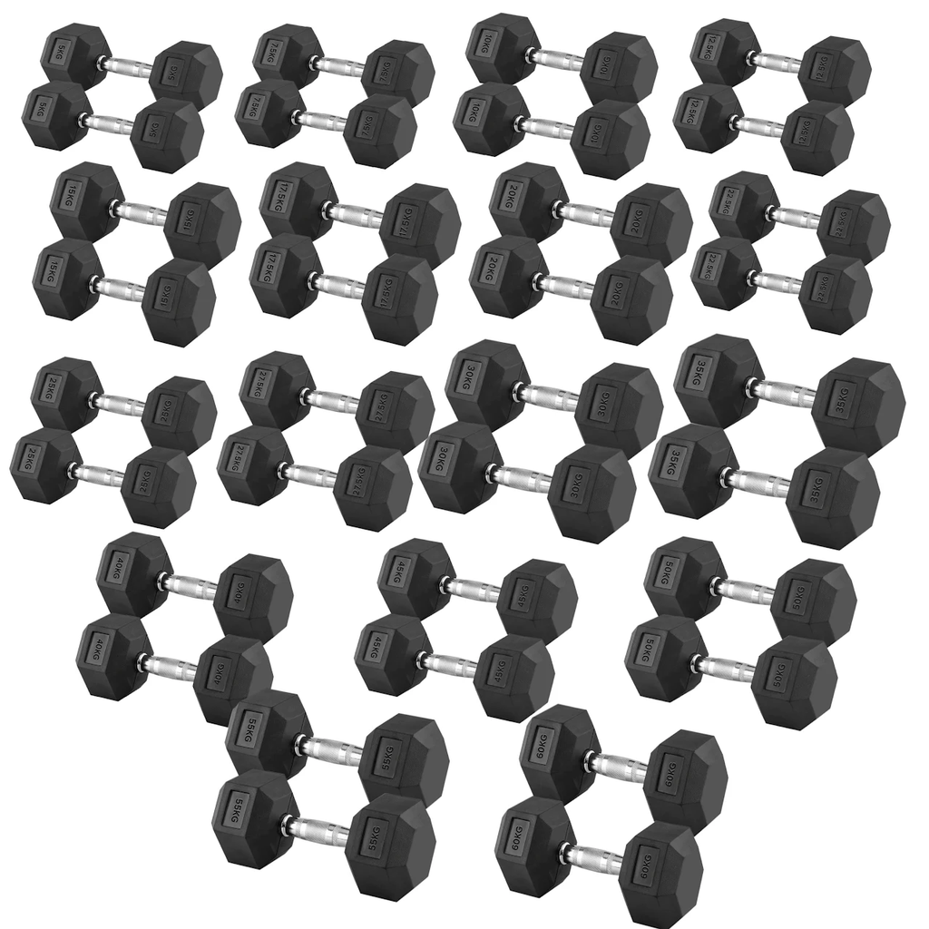 Hex Dumbbells Pairs & Sets (2.5kg–60kg) – Rubber-Coated, Anti-Roll, Knurled Steel Grip – Strength Training Weights for Home Gym or Studio