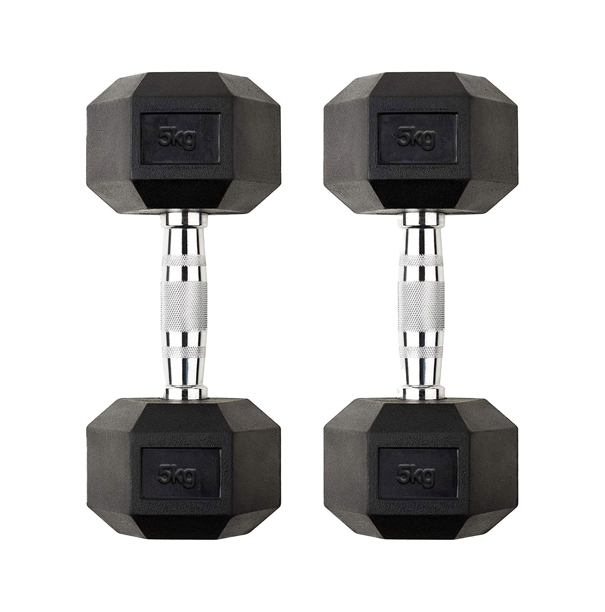 Hex Dumbbell Pair 5kg – Rubber Coated Anti-Roll Weights with Chrome Handles – 2 x 5kg Free Weights for Home Gym Strength Training – Compact & Durable Set