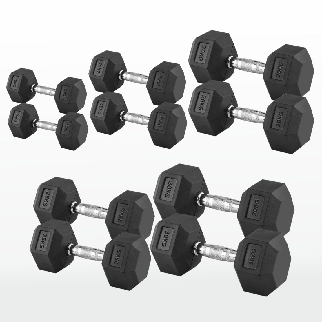 Hex Dumbbells Pairs & Sets (2.5kg–60kg) – Rubber-Coated, Anti-Roll, Knurled Steel Grip – Strength Training Weights for Home Gym or Studio