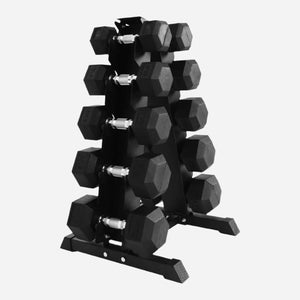 Hex Dumbbell Set 5 Pairs 2.5kg–25kg with Optional Tier 5 Rack – Rubber-Coated Cast Iron Hex Weights with Knurled Chrome Handles for UK Home Gym Strength Training