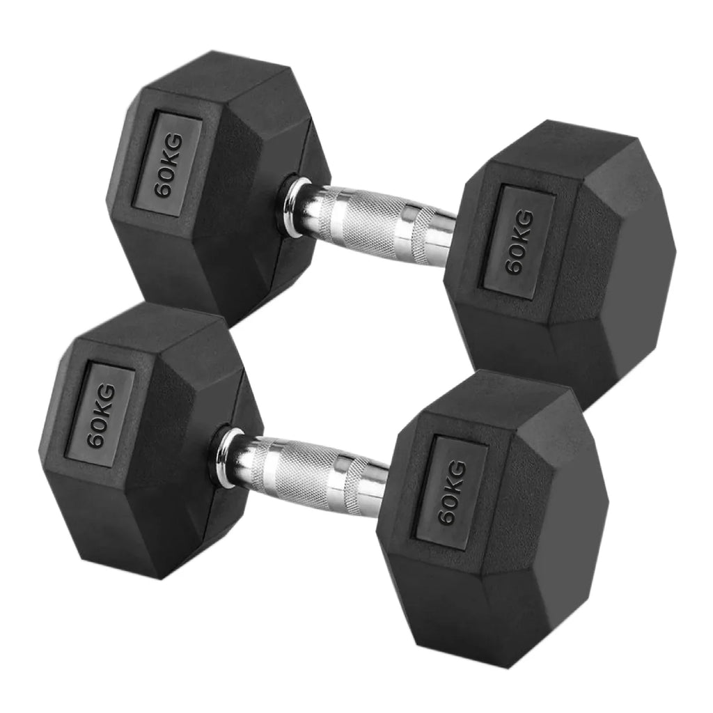 Hex Dumbbells Pairs & Sets (2.5kg–60kg) – Rubber-Coated, Anti-Roll, Knurled Steel Grip – Strength Training Weights for Home Gym or Studio