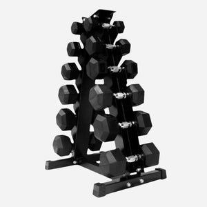 Complete Hex Dumbbell Set 2.5kg–30kg (6 Pairs) with Optional Tier 6 Rack – Rubber-Coated Anti-Roll Weights – Knurled Handles for Compact Home Gym Training