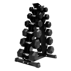 Complete Hex Dumbbell Set 2.5kg–30kg (6 Pairs) with Optional Tier 6 Rack – Rubber-Coated Anti-Roll Weights – Knurled Handles for Compact Home Gym Training