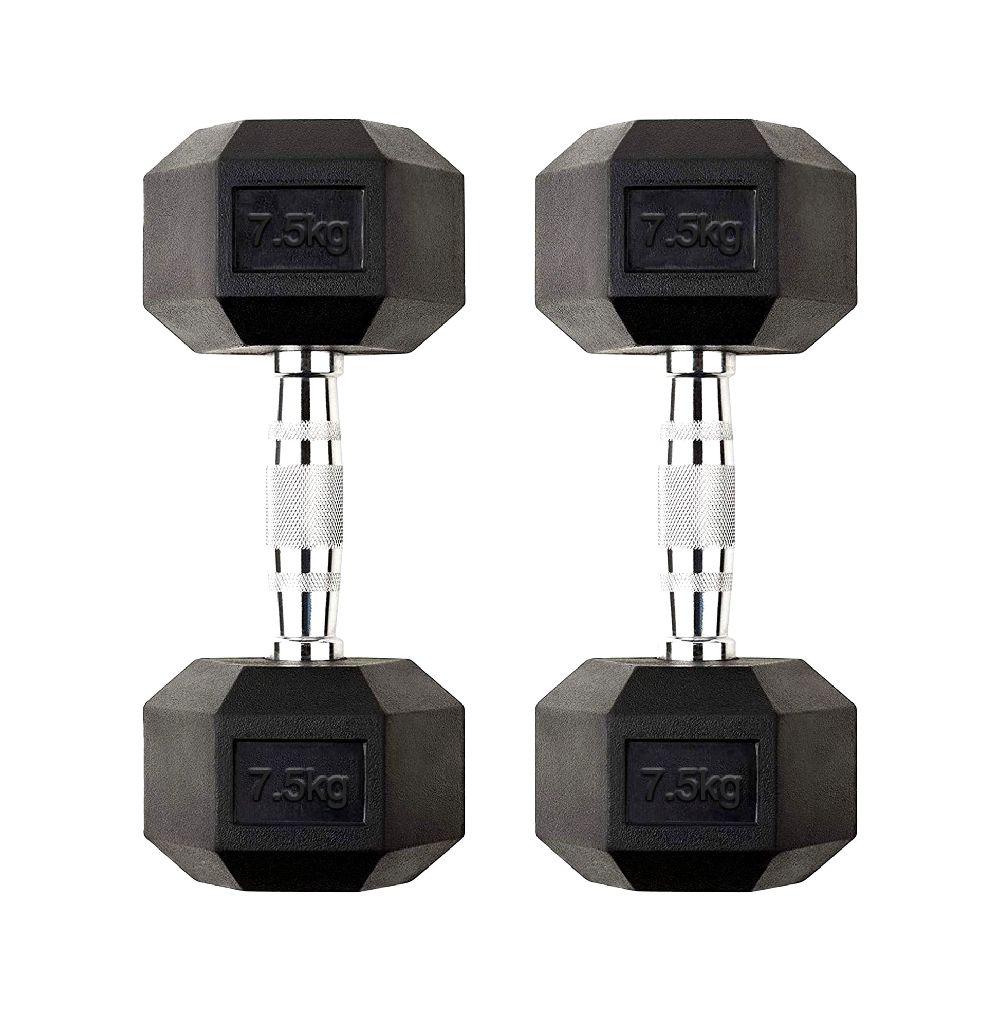 7.5kg Hex Dumbbell Set – Rubber-Coated Cast Iron Weights with Textured Chrome Grip – Pair of 2 x 7.5kg Anti-Roll Free Weights for Home & Strength Training
