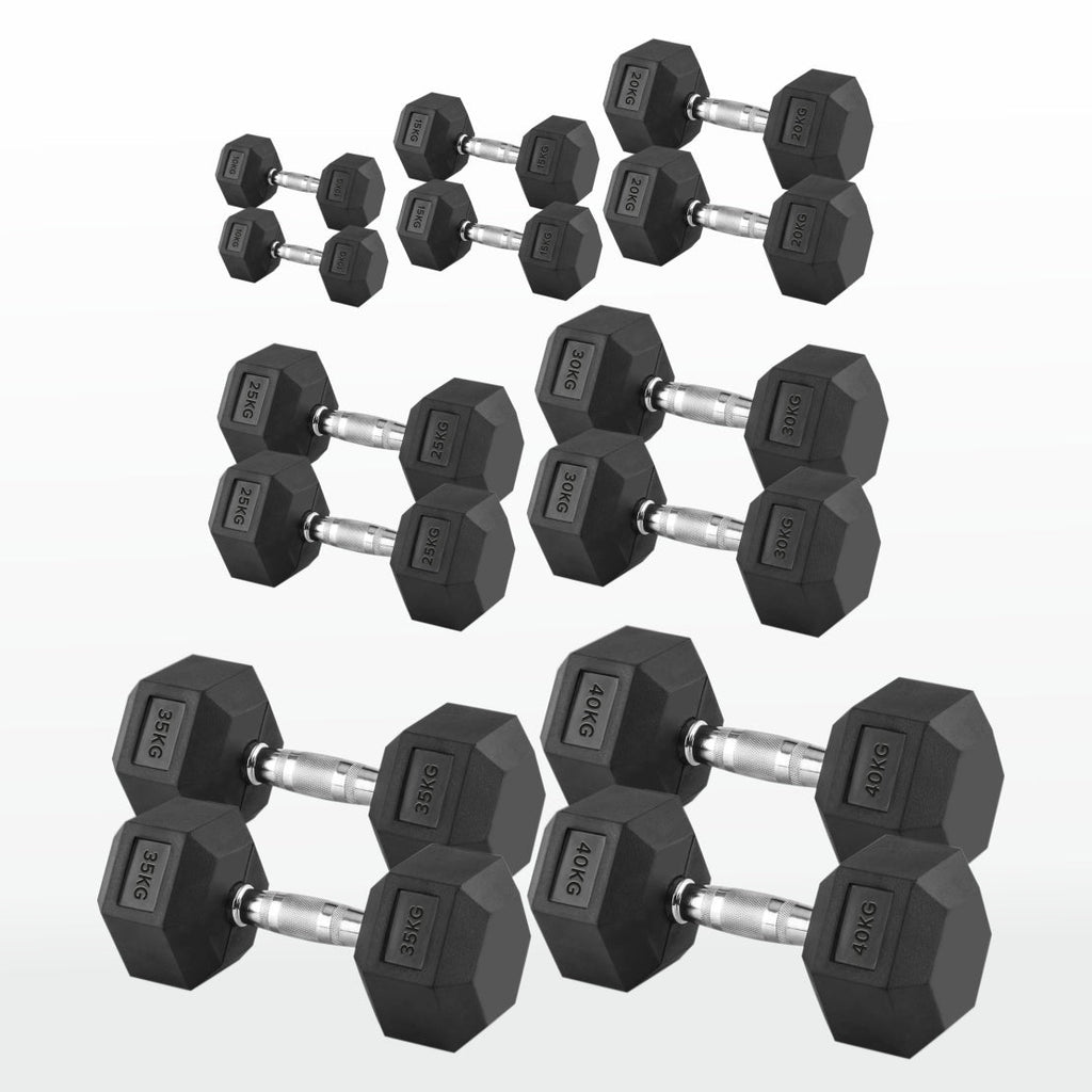 Hex Dumbbells Pairs & Sets (2.5kg–60kg) – Rubber-Coated, Anti-Roll, Knurled Steel Grip – Strength Training Weights for Home Gym or Studio