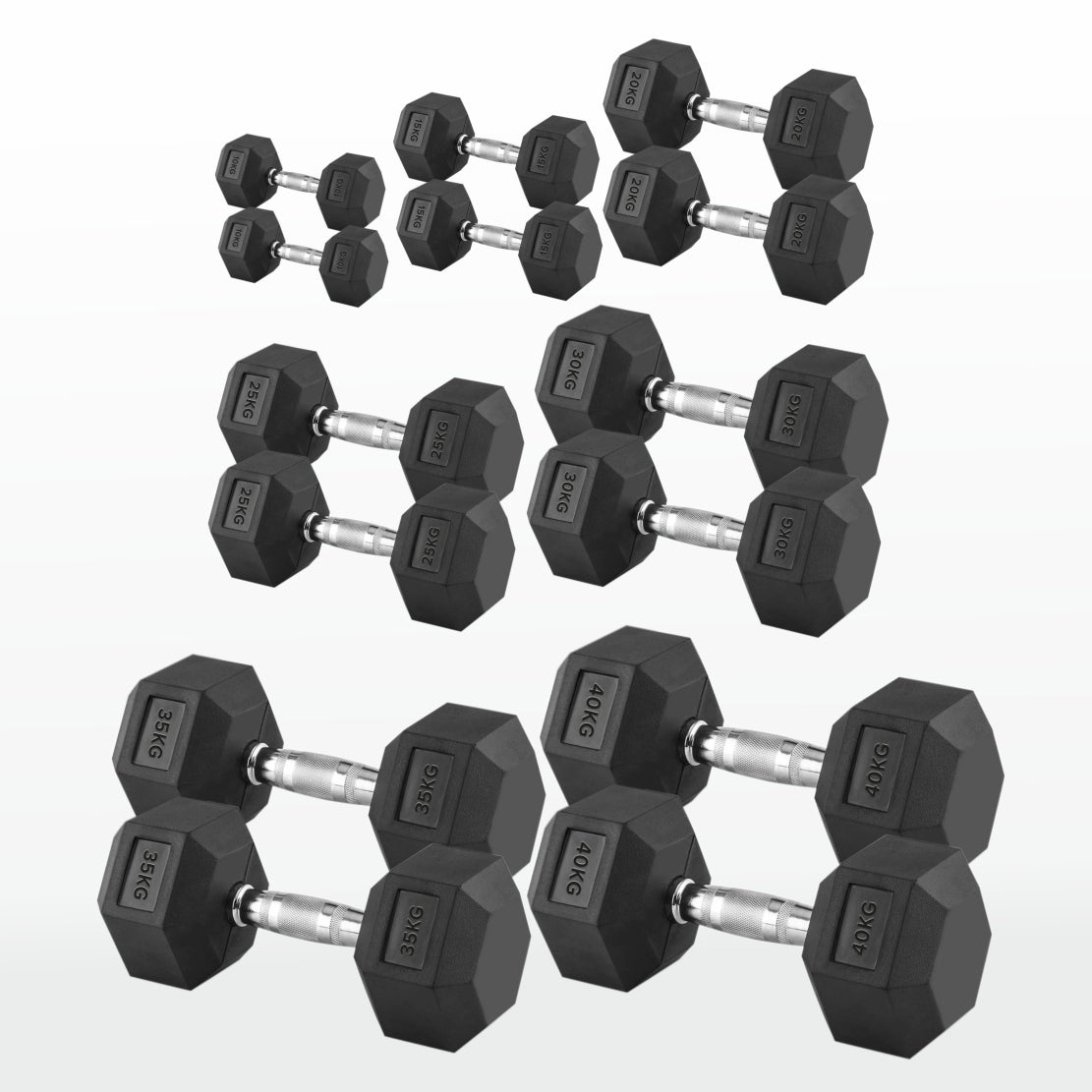 Hex Dumbbells Pairs & Sets (2.5kg–60kg) – Rubber-Coated, Anti-Roll, Knurled Steel Grip – Strength Training Weights for Home Gym or Studio