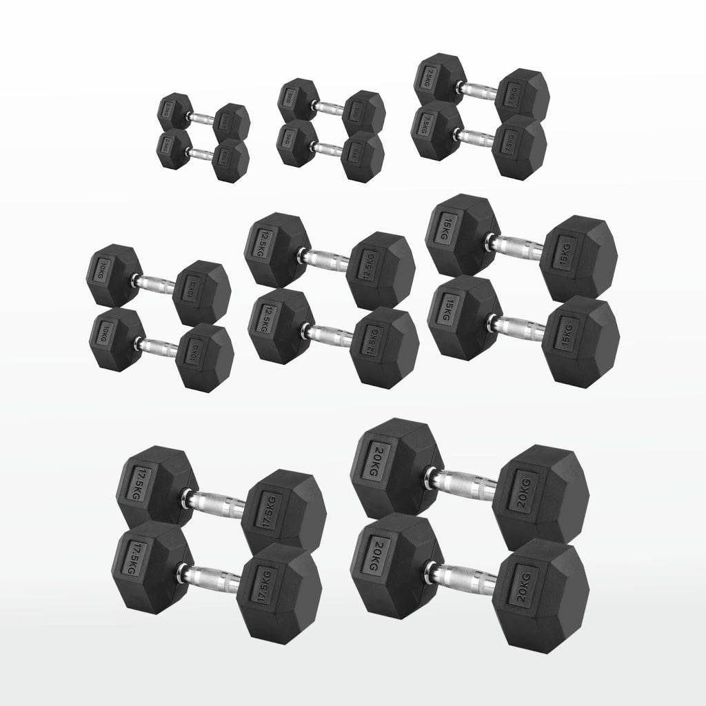 Hex Dumbbells Pairs & Sets (2.5kg–60kg) – Rubber-Coated, Anti-Roll, Knurled Steel Grip – Strength Training Weights for Home Gym or Studio
