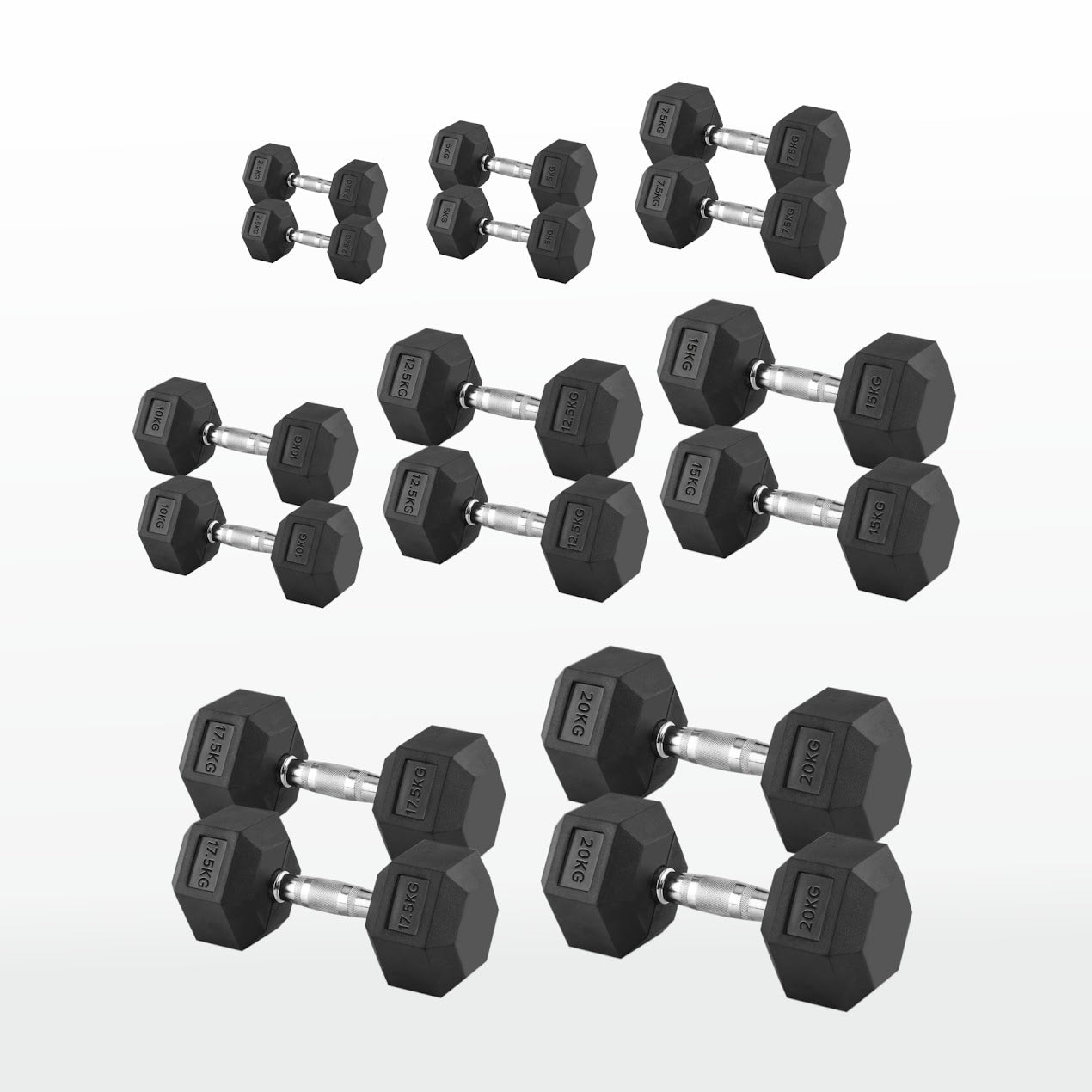 Hex Dumbbells Pairs & Sets (2.5kg–60kg) – Rubber-Coated, Anti-Roll, Knurled Steel Grip – Strength Training Weights for Home Gym or Studio
