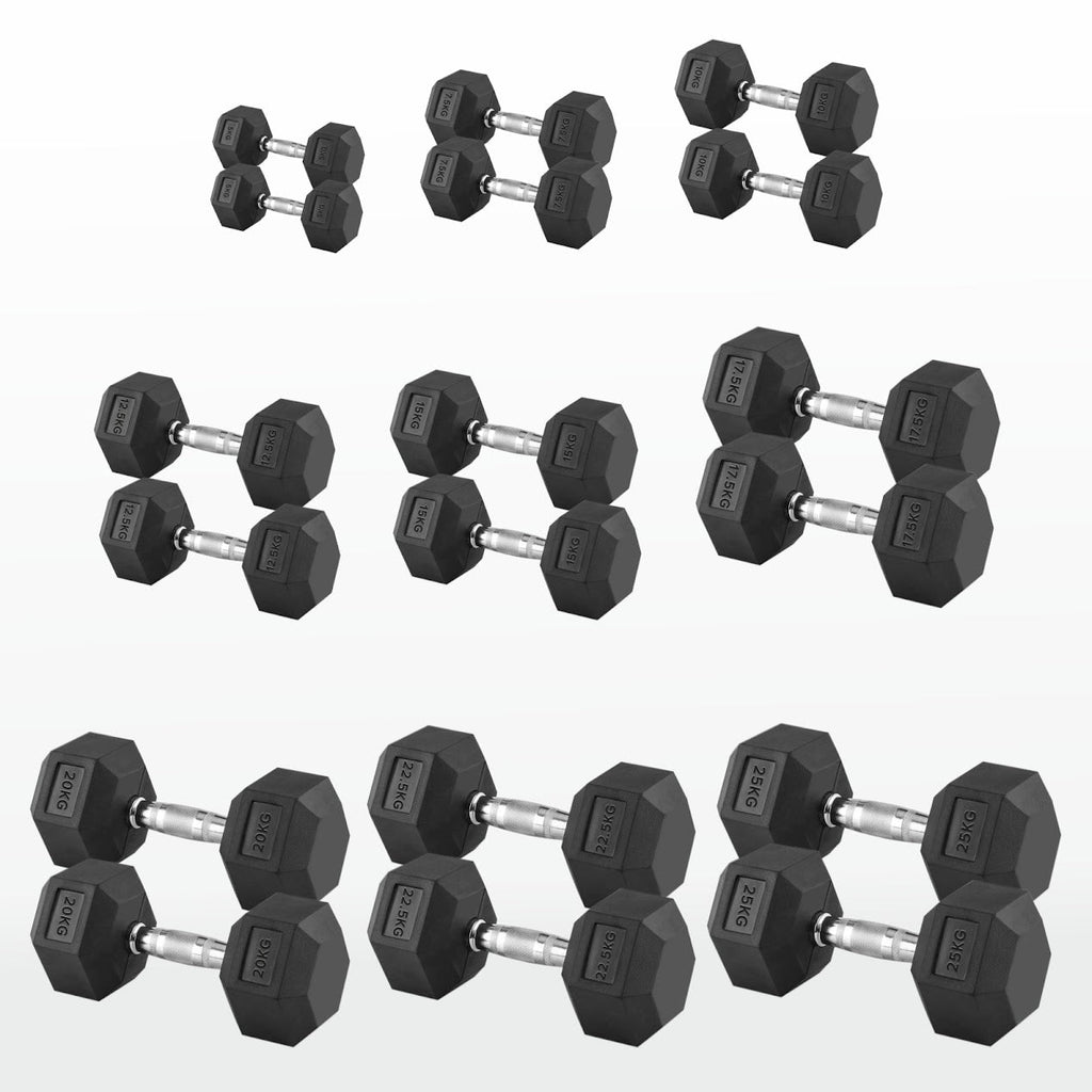 Hex Dumbbells Pairs & Sets (2.5kg–60kg) – Rubber-Coated, Anti-Roll, Knurled Steel Grip – Strength Training Weights for Home Gym or Studio
