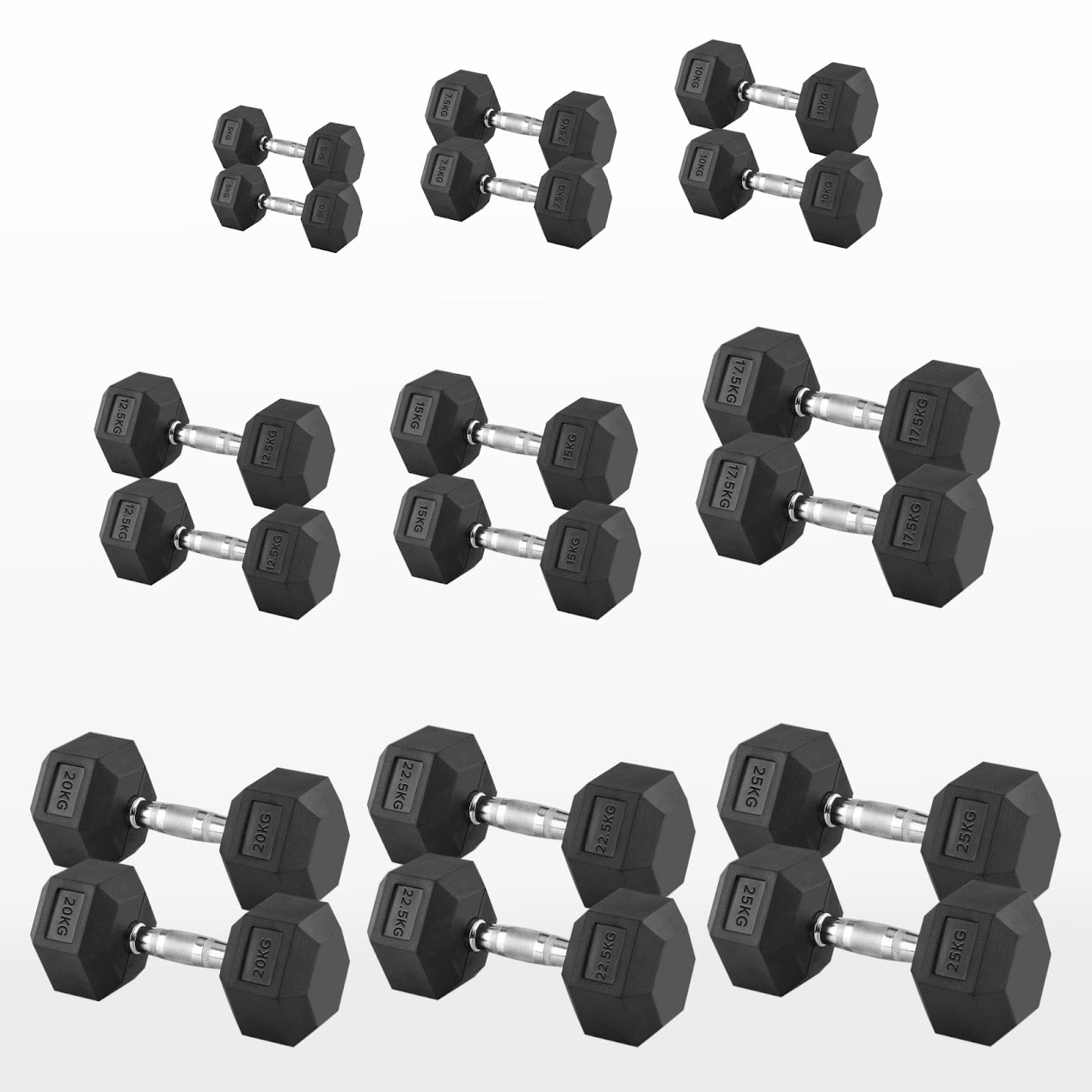 Hex Dumbbells Pairs & Sets (2.5kg–60kg) – Rubber-Coated, Anti-Roll, Knurled Steel Grip – Strength Training Weights for Home Gym or Studio
