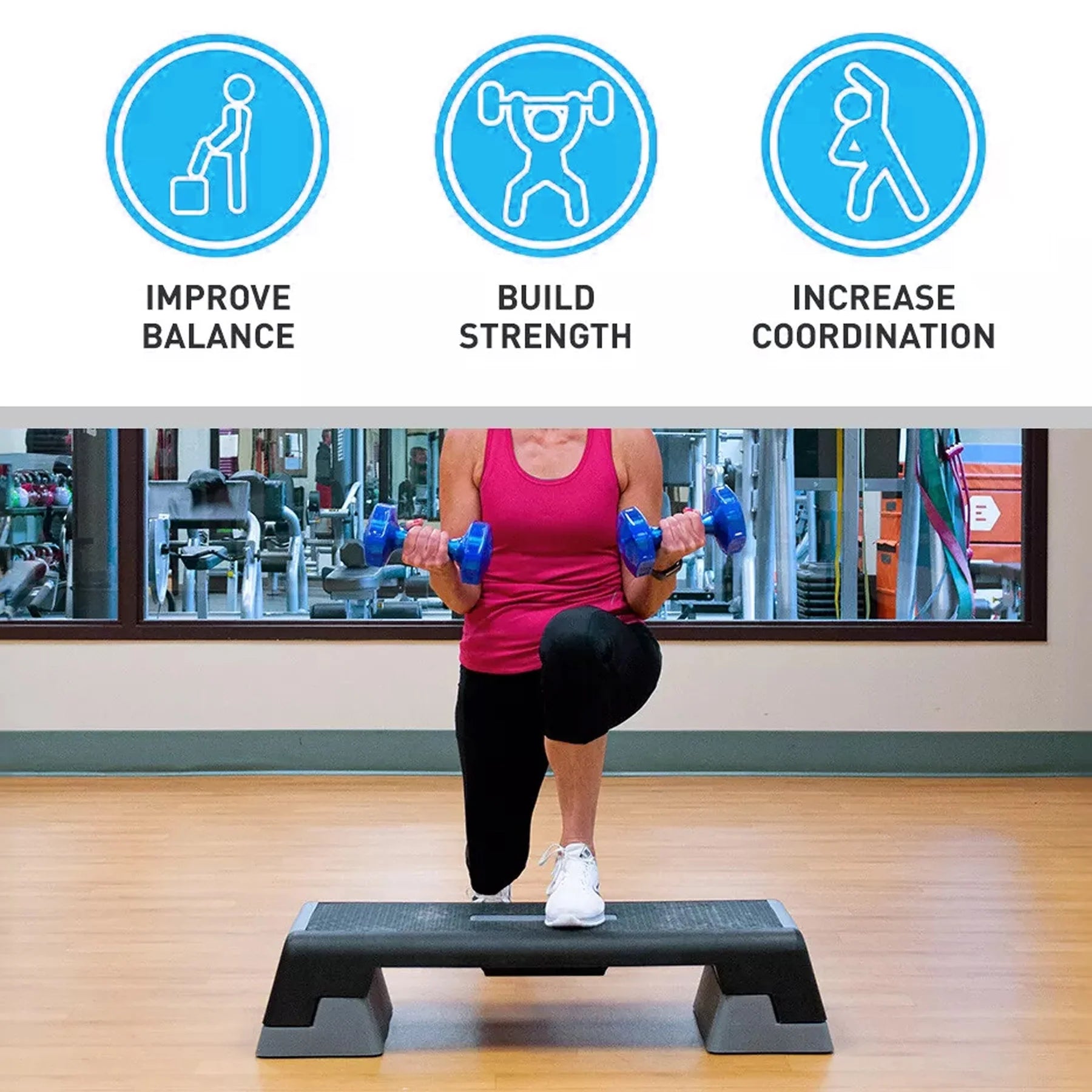 Woman exercising on a step machine with text icons indicating benefits like balance, strength, and coordination.