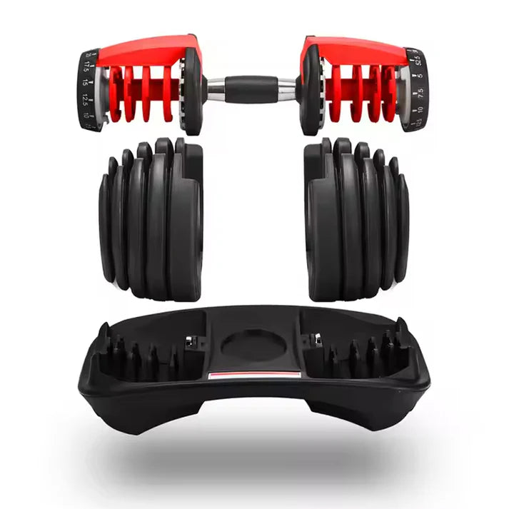 Pair of red and black adjustable dumbbells on a white background