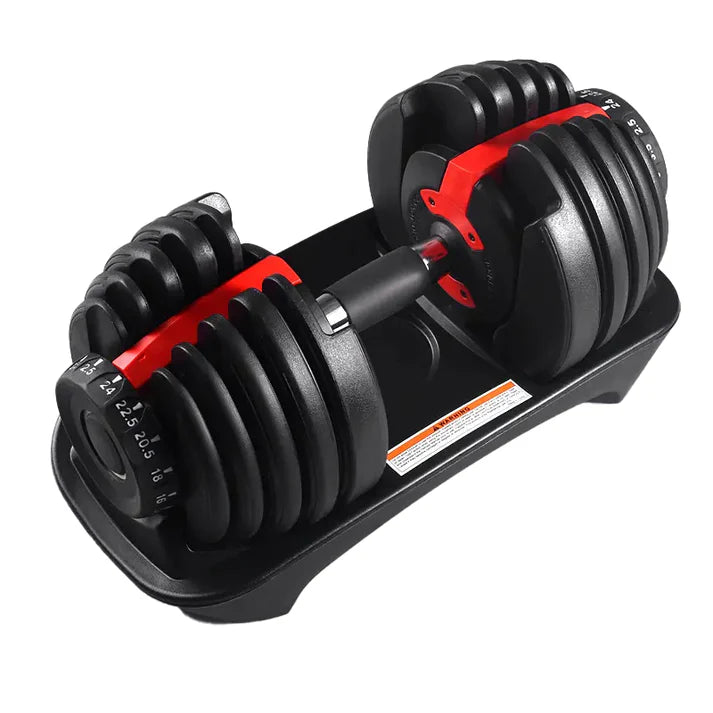 Pair of adjustable dumbbells on a white background