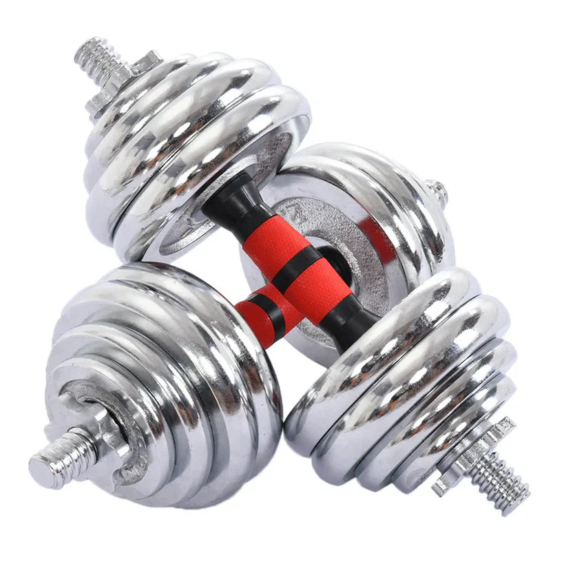 Pair of chrome dumbbells with red and black accents on a white background
